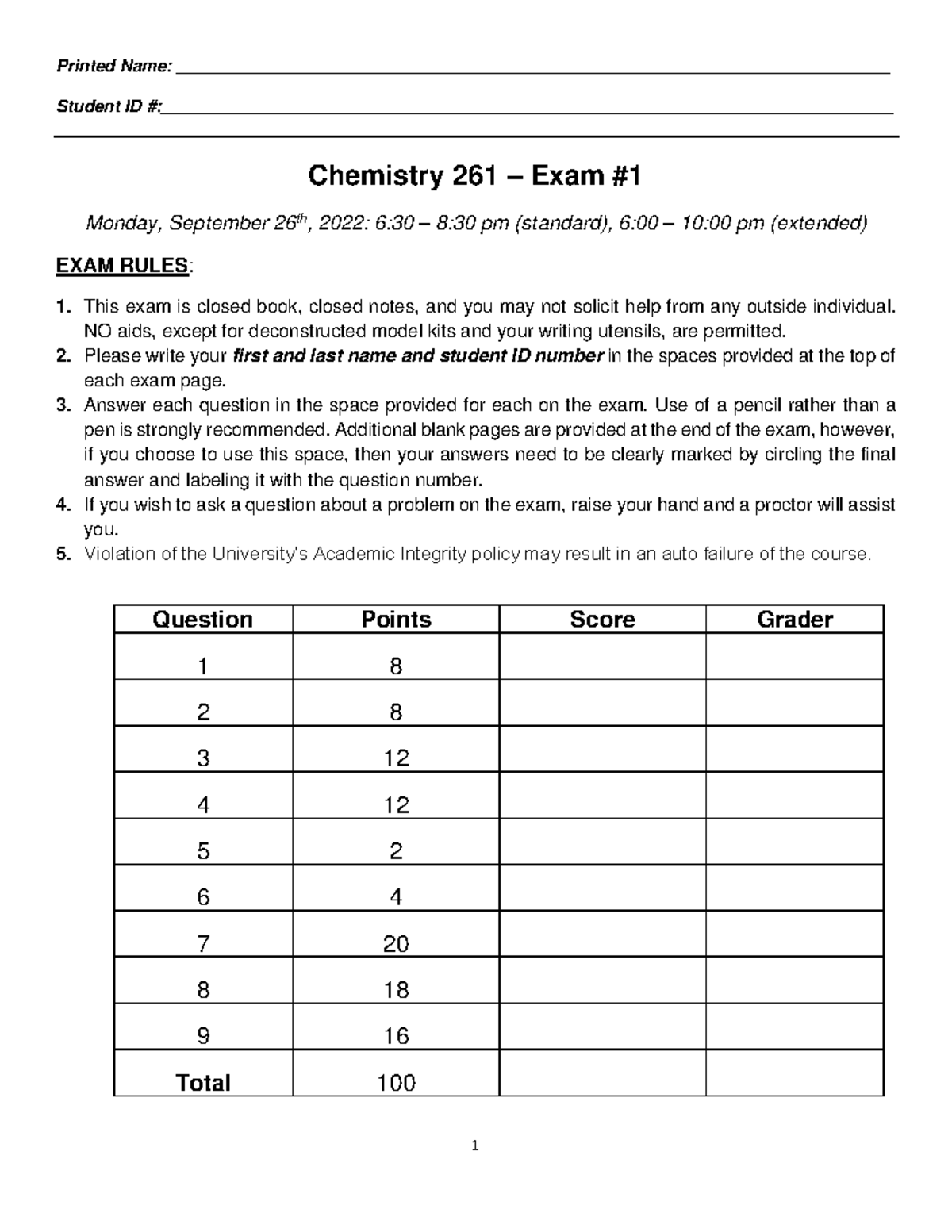 CHE 261 2022 Exam I Final Student ID Studocu