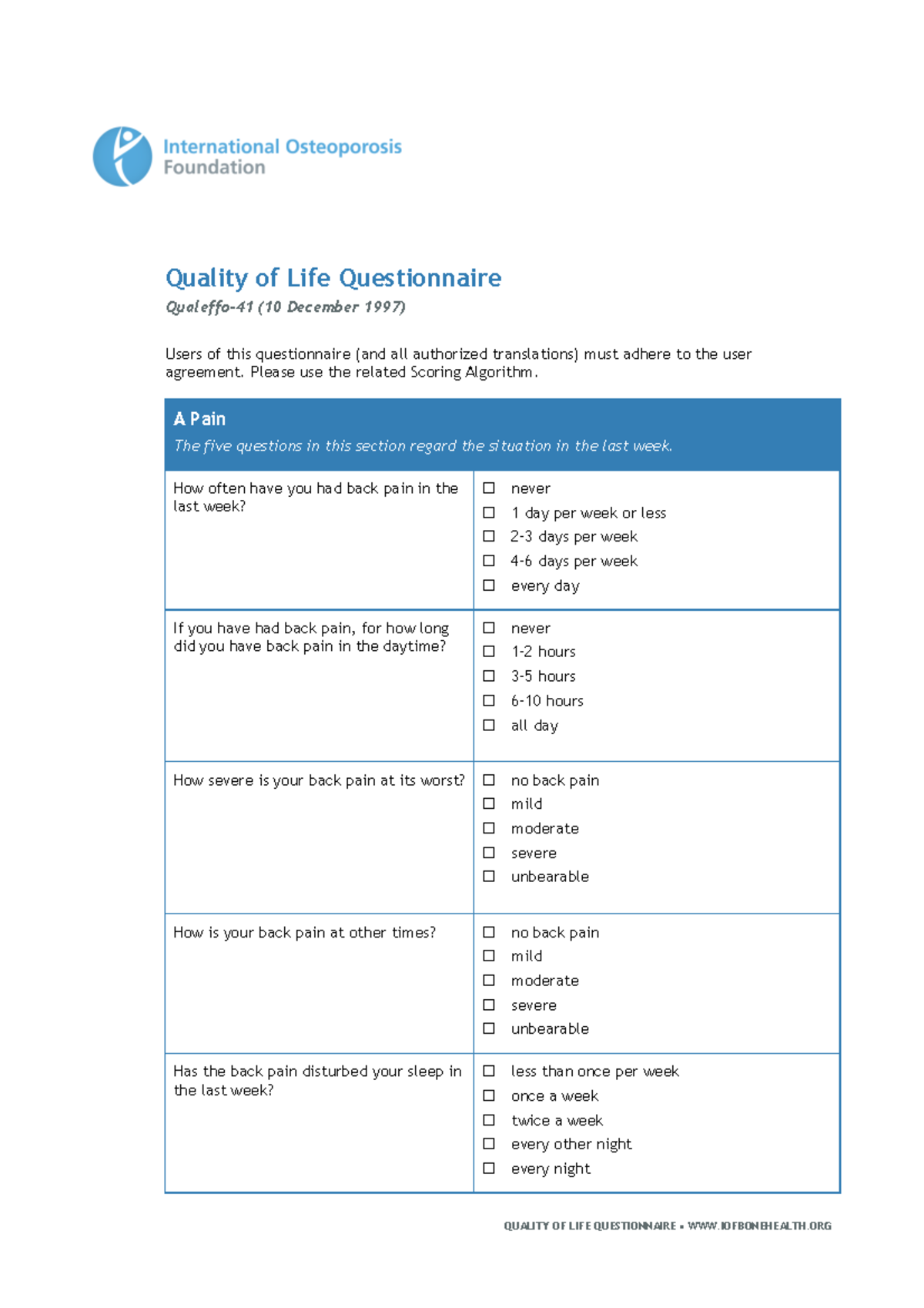 Basic Quality of Life Questionnaire Template - Quality of Life ...