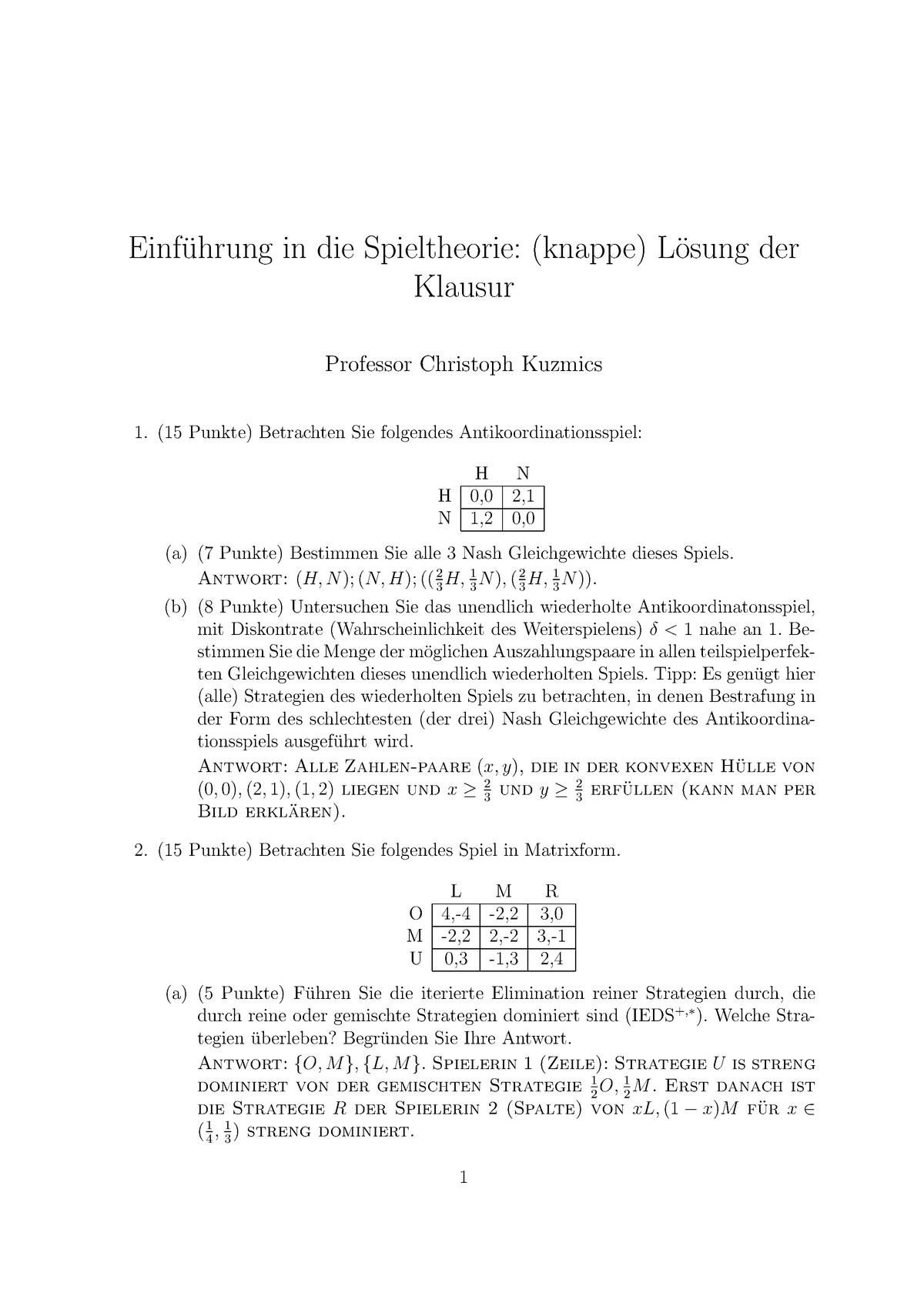 Klausur 2015 Modul Loesung - Einfu¨hrung In Die Spieltheorie: (knappe ...