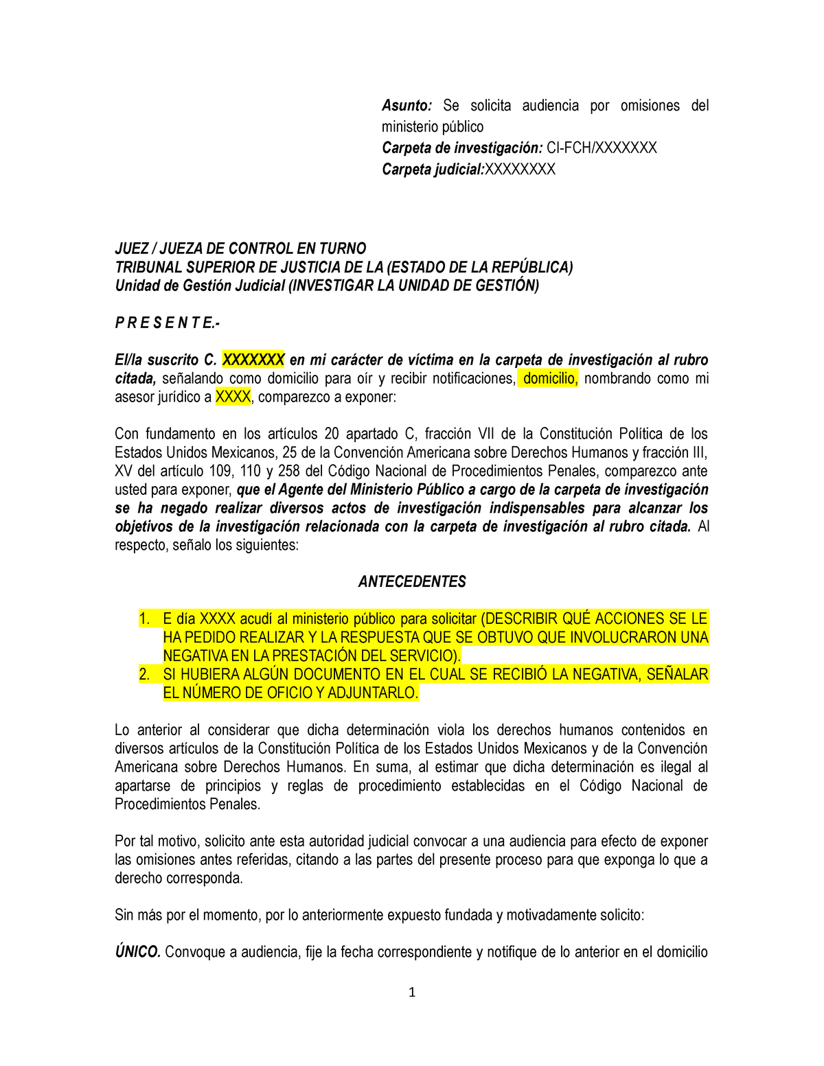 Solicitud De Audiencia Ante Jueza De Control - Asunto: Se Solicita ...