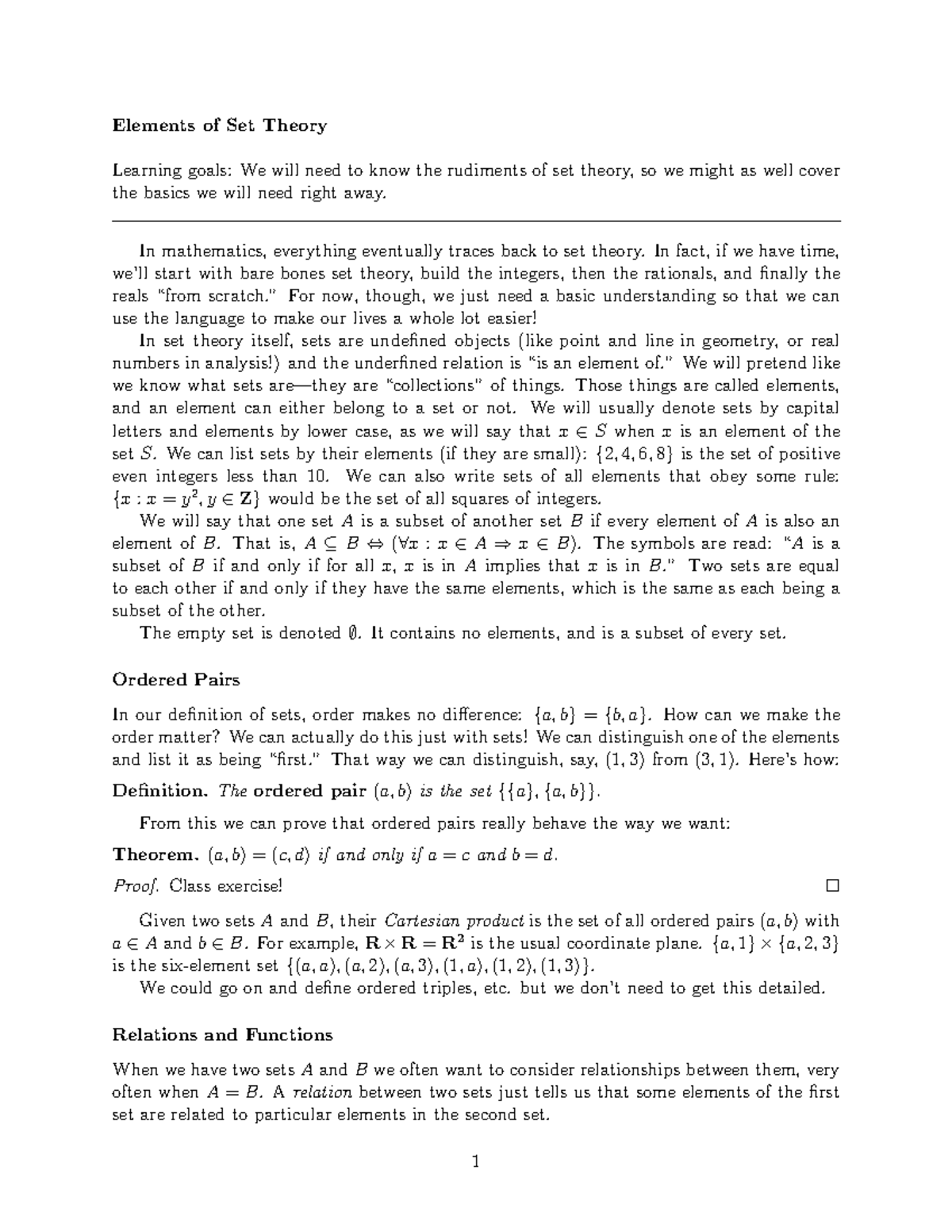 04 Set Theory - Elements of Set Theory Learning goals: We will need to ...