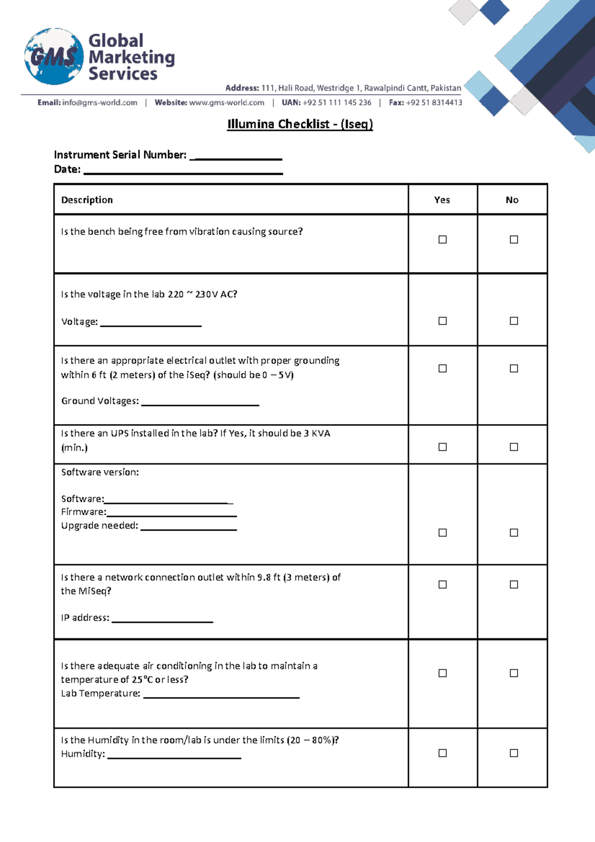 PM checklist Iseq Illumina Checklist (Iseq) Instrument Serial