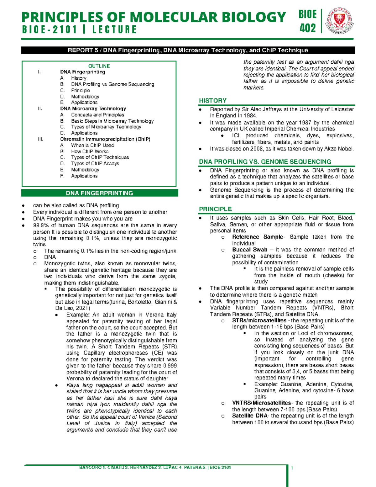 [BIOE 402] Mol Bio Report 5 - DNA Fingerprinting, Microrray Technology ...