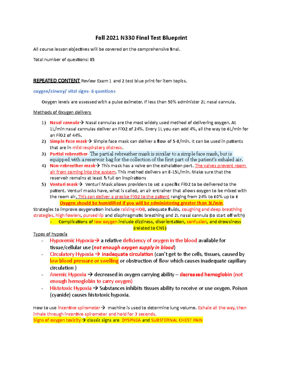 Fall 2021 N330 Final Test Blueprint - Fall 2021 N330 Final Test ...