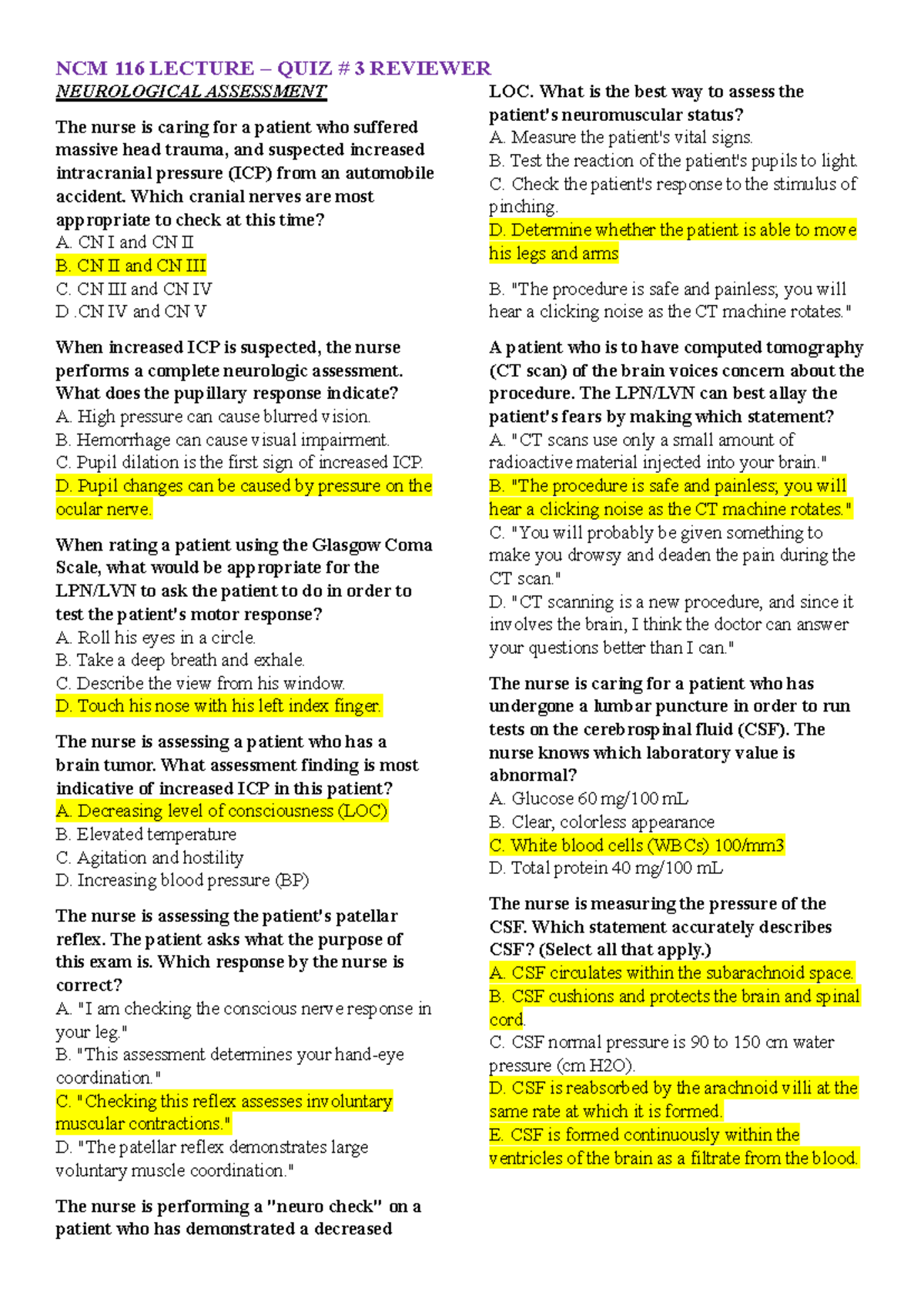 Neurological- Assessment - NEUROLOGICAL ASSESSMENT The nurse is caring ...