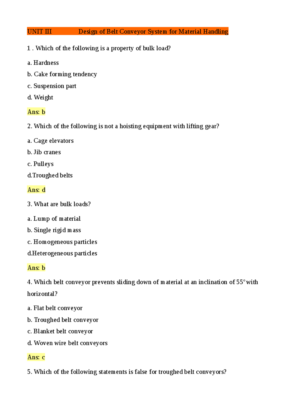 MSD UNIT III MCQ AAAA UNIT III Design of Belt Conveyor System for