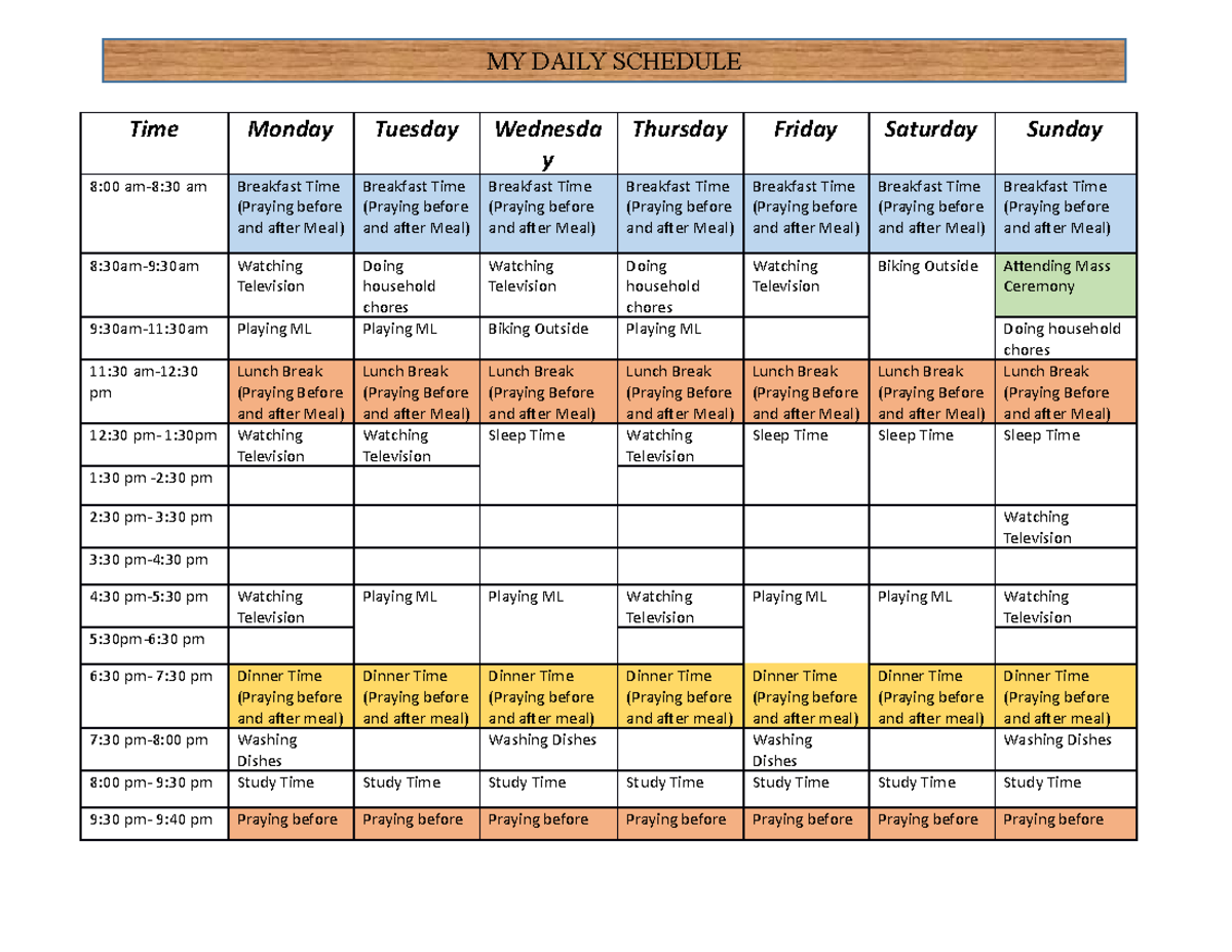 Sample of Daily Schedule that offer my time to God - Time Monday ...