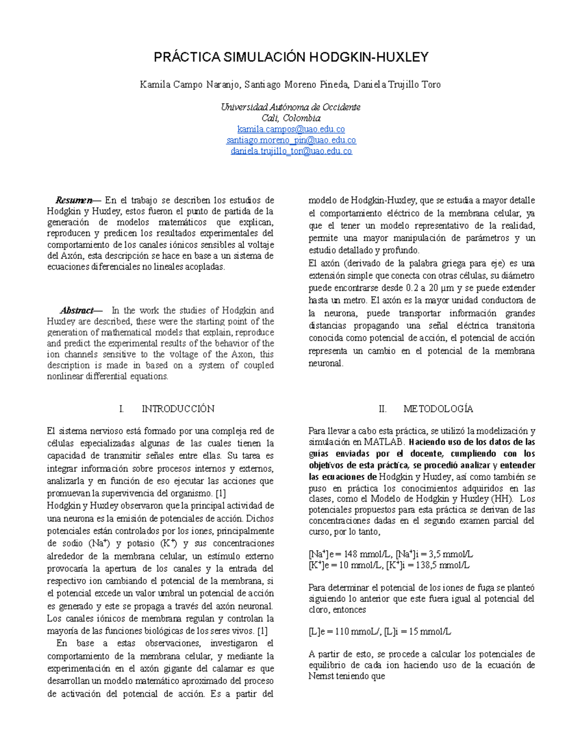 Laboratorio HH - Modelo Hodking & Huxley - PRÁCTICA SIMULACIÓN HODGKIN- HUXLEY Kamila Campo Naranjo, - Studocu