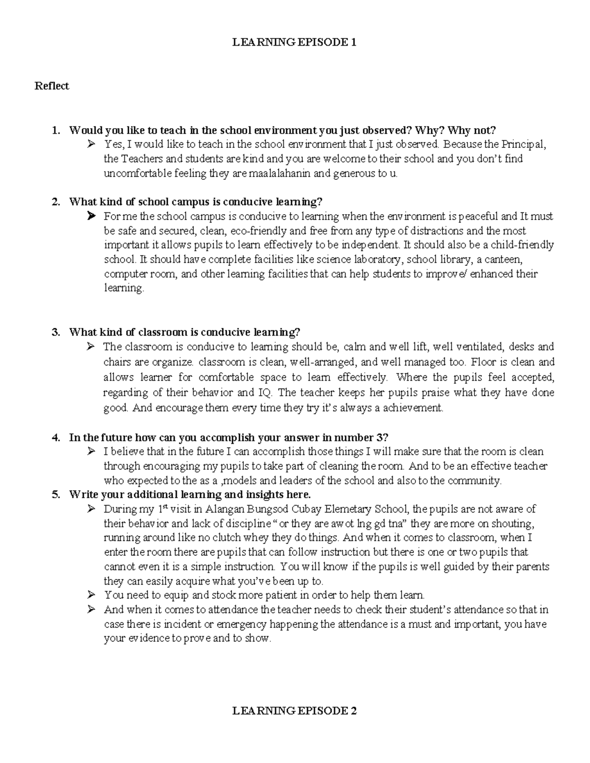 MY Reflection - none - LEARNING EPISODE 1 Reflect 1. Would you like to ...