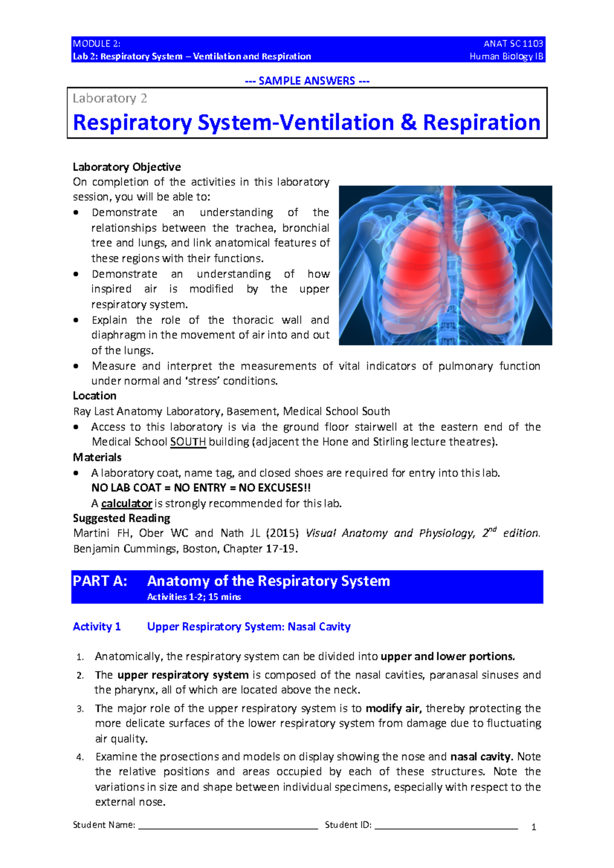 HBIB Lab 2 - Respiratory System Answers - MODULE 2 : ANAT SC **Lab 2 ...