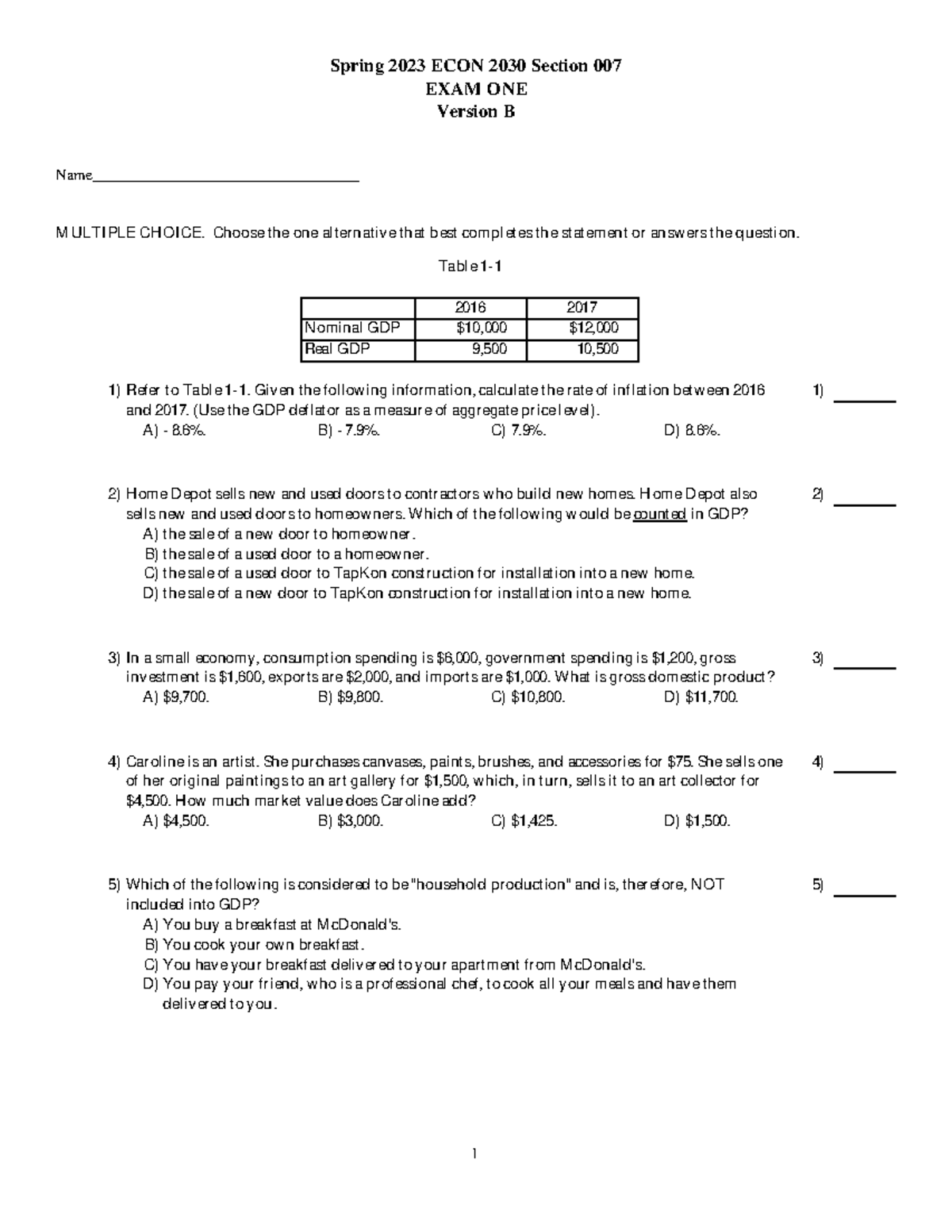 Econ2030 007 Spring 23 Exam#1 B - Spring 2023 ECON 2030 Section 007 ...