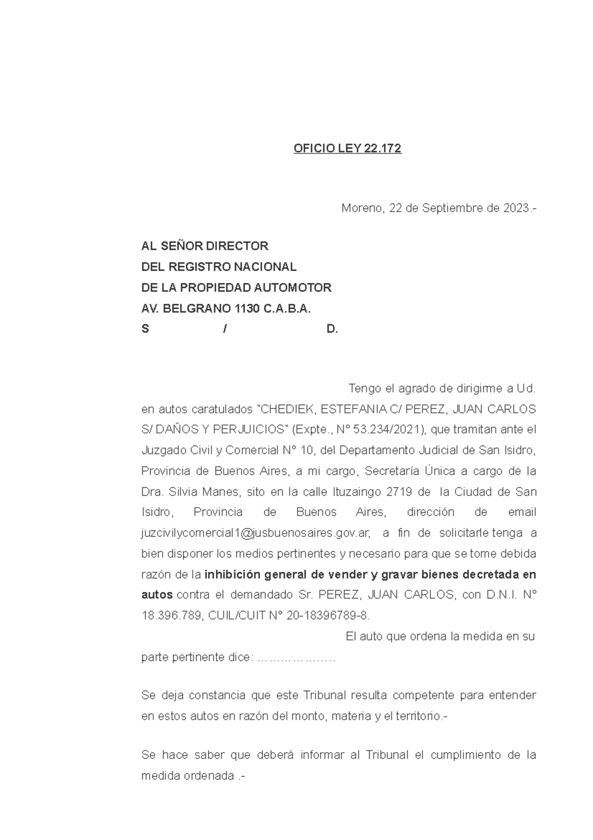 Oficio LEY 22172 - OFICIO LEY 22. Moreno, 22 de Septiembre de 2023.- AL ...