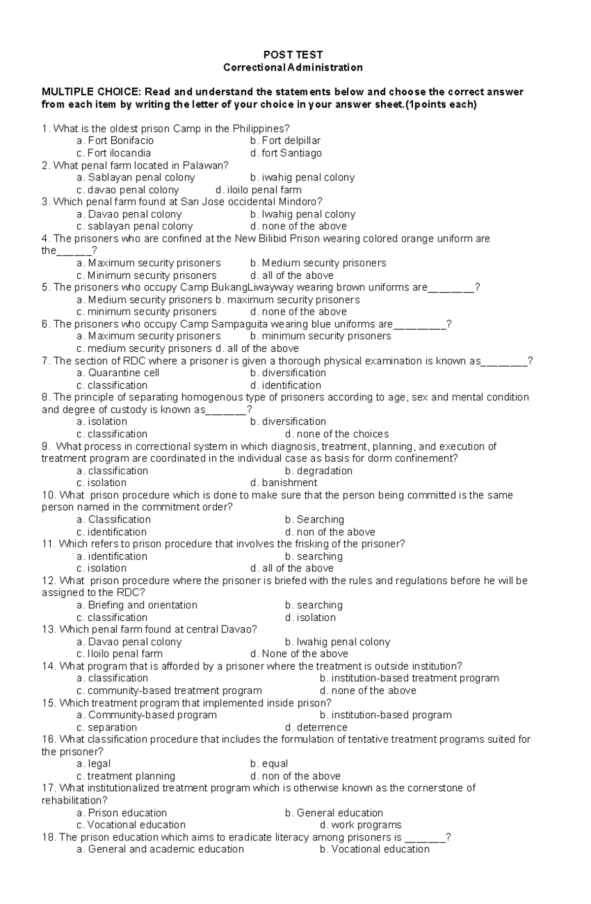 Institution - gjvhcvbnjjn - POST TEST Correctional Administration ...