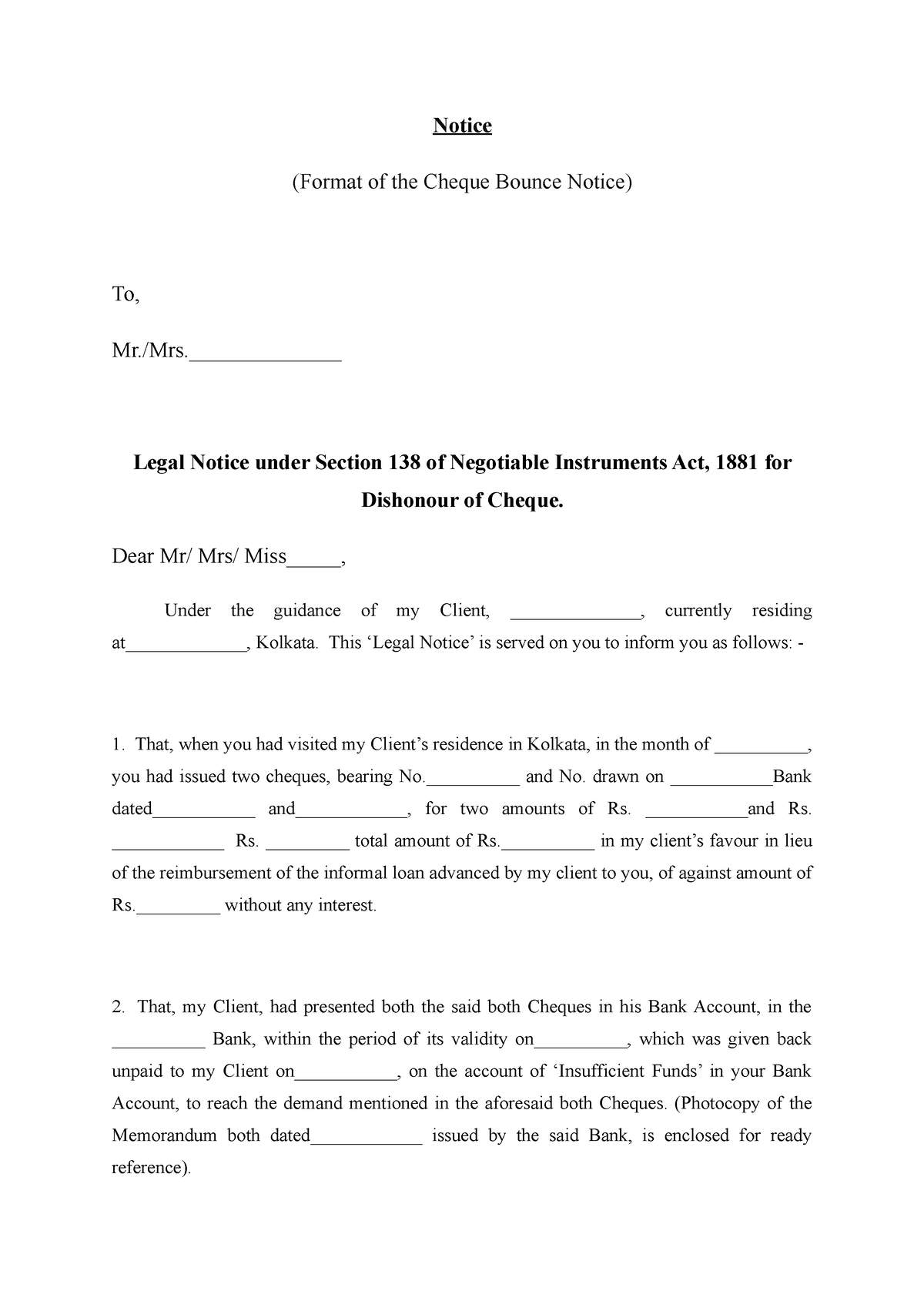 Format of the Cheque Bounce Notice - Notice (Format of the Cheque ...