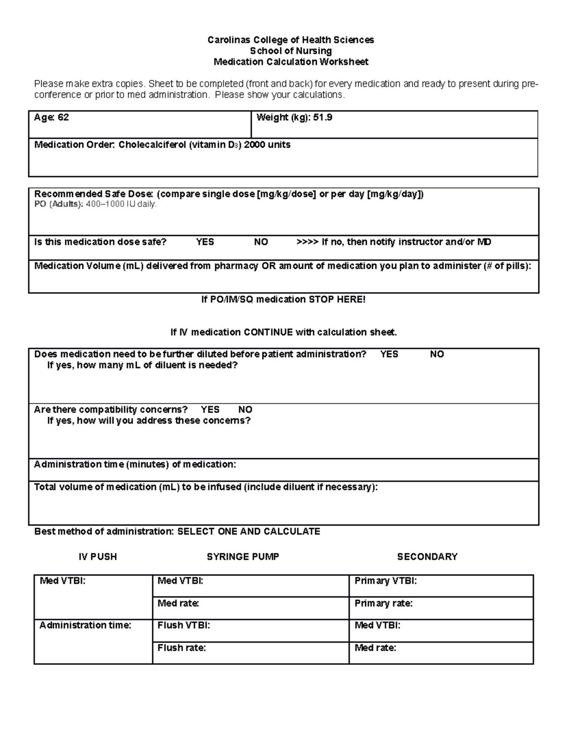 Cholecalciferol Vitamin D3 Medication Calculation Sheet - Carolinas ...