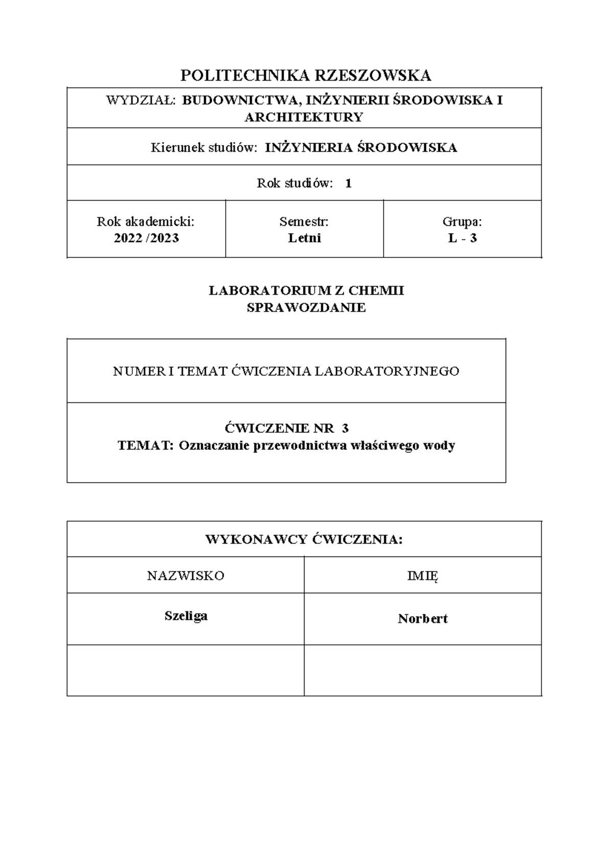 Politechnika Rzeszowska Biotechnologia Plan Lekcji