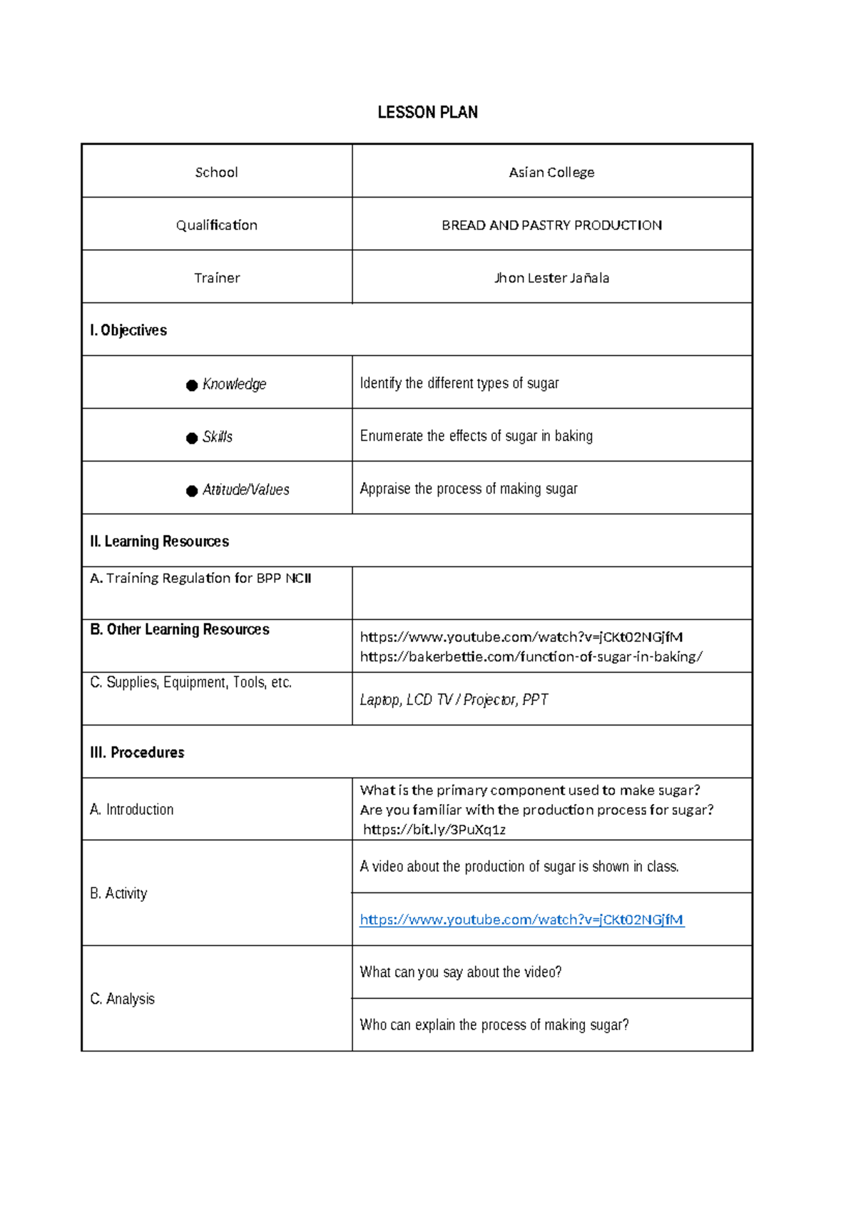 Lesson PLAN- sugar- for DEMO - LESSON PLAN School Asian College ...