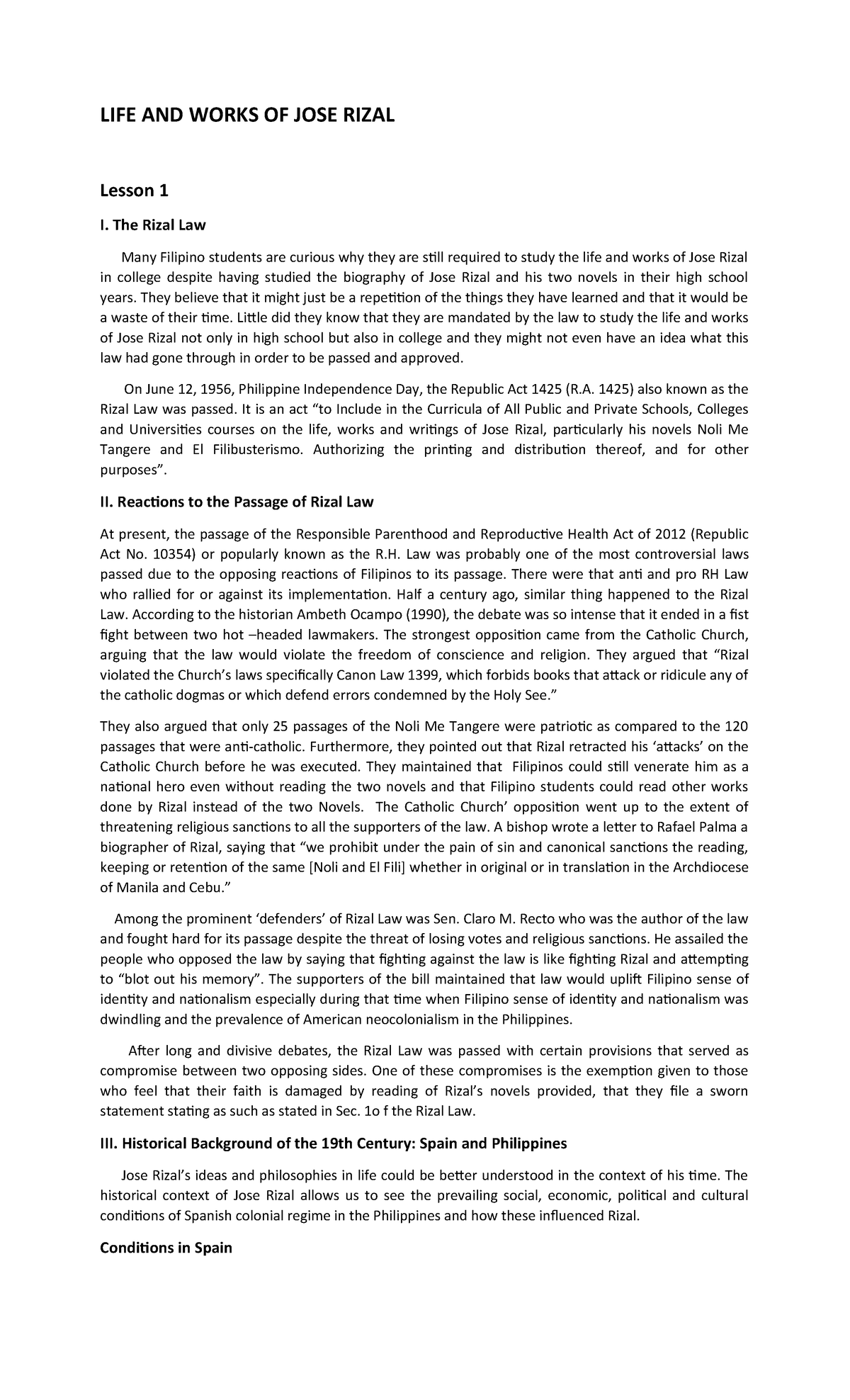 Life of Rizal Lesson 1-10 - LIFE AND WORKS OF JOSE RIZAL Lesson 1 I ...