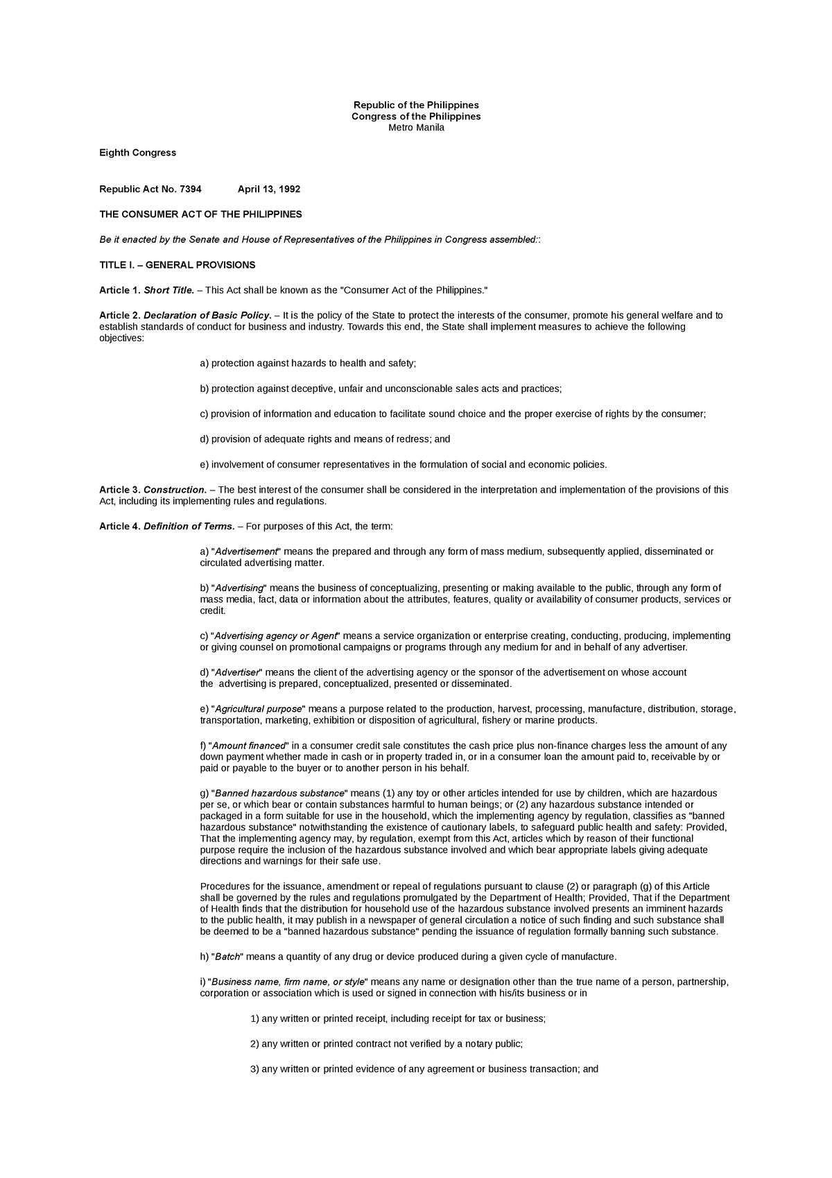 Consumer Act of the Phils - Republic of the Philippines Congress of the ...