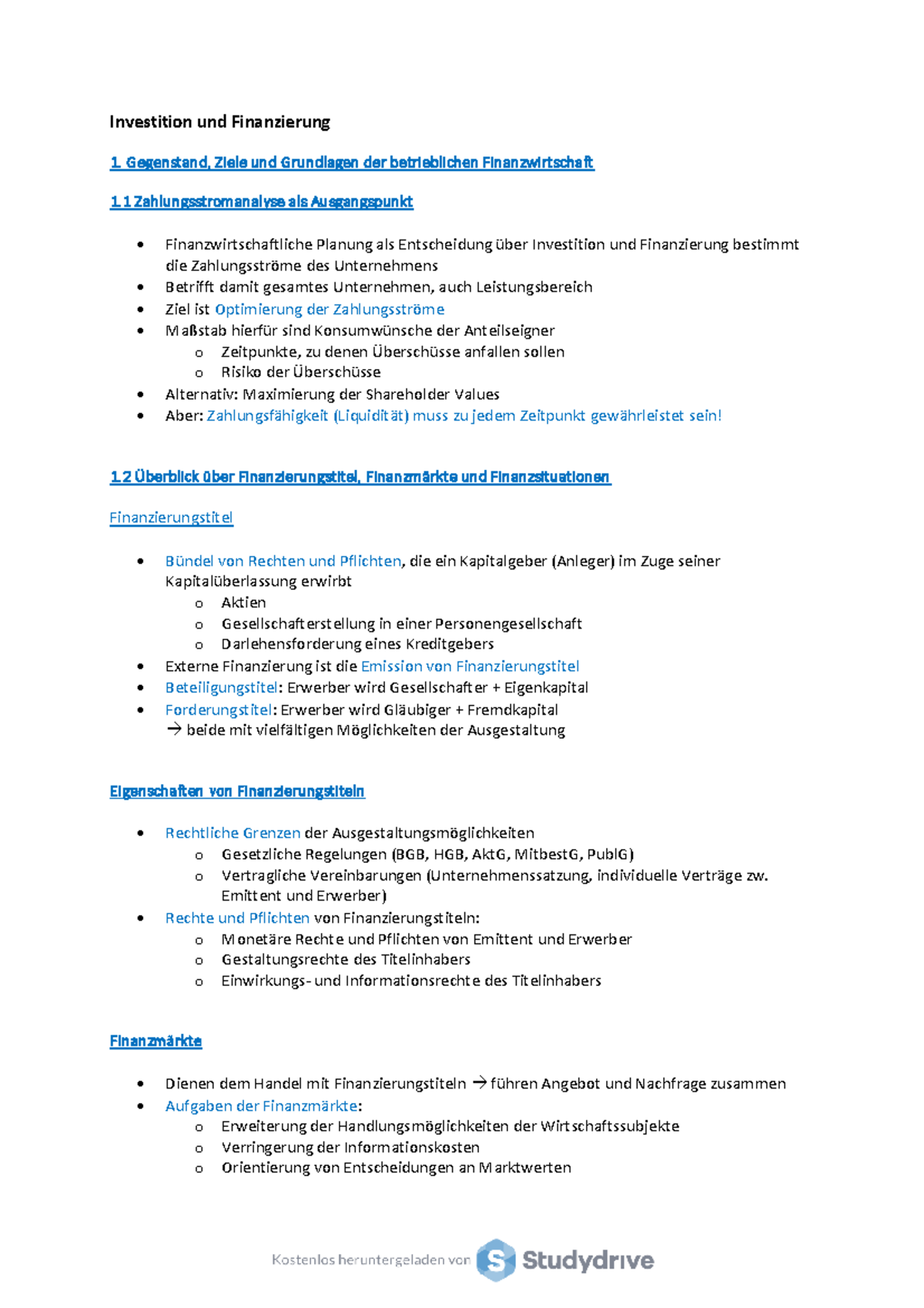 Entscheidung Finanzierung Und Investition Uni Marburg Iu F -Zusammenfassung - Sommersemester - Investition und Finanzierung