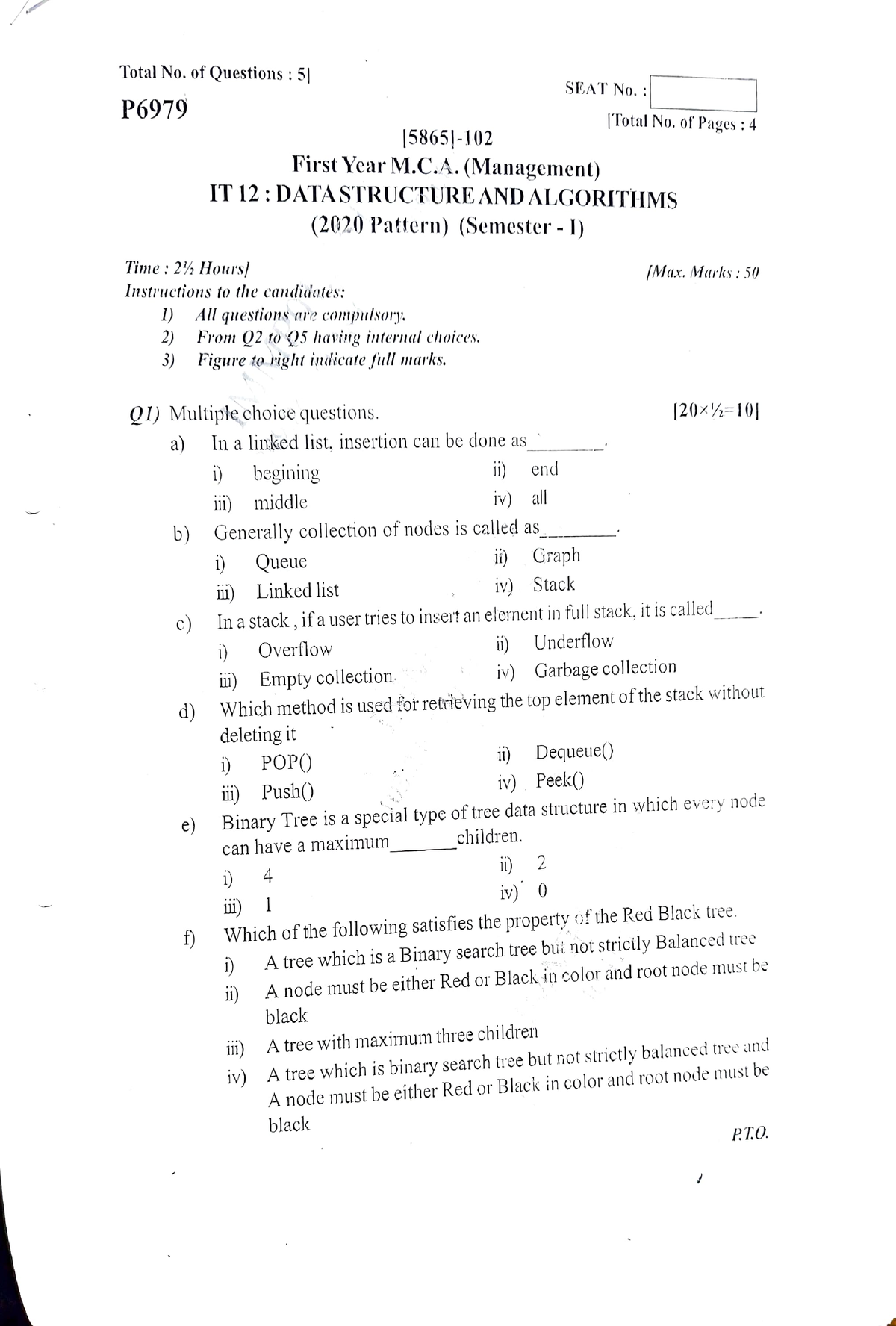 DSA Question Paper Sppu - Total No. Of Questions: 5 SEATNo. P6979 Total ...