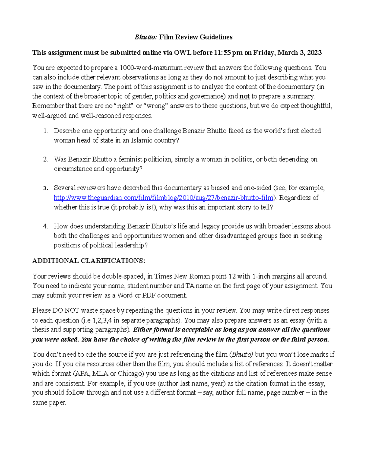 Winter 2023 Bhutto Film Review Guidelines Bhutto Film Review Guidelines This assignment must