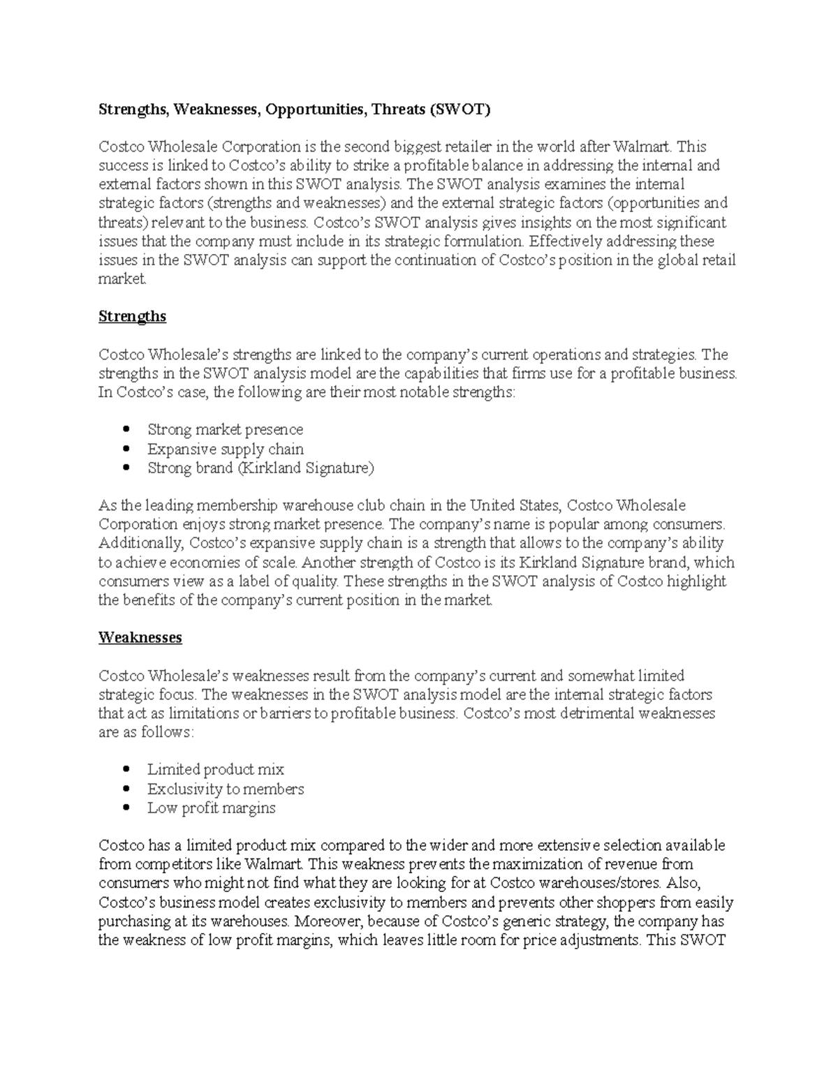 Module 3 Costco Assignment swot Strengths, Weaknesses, Opportunities