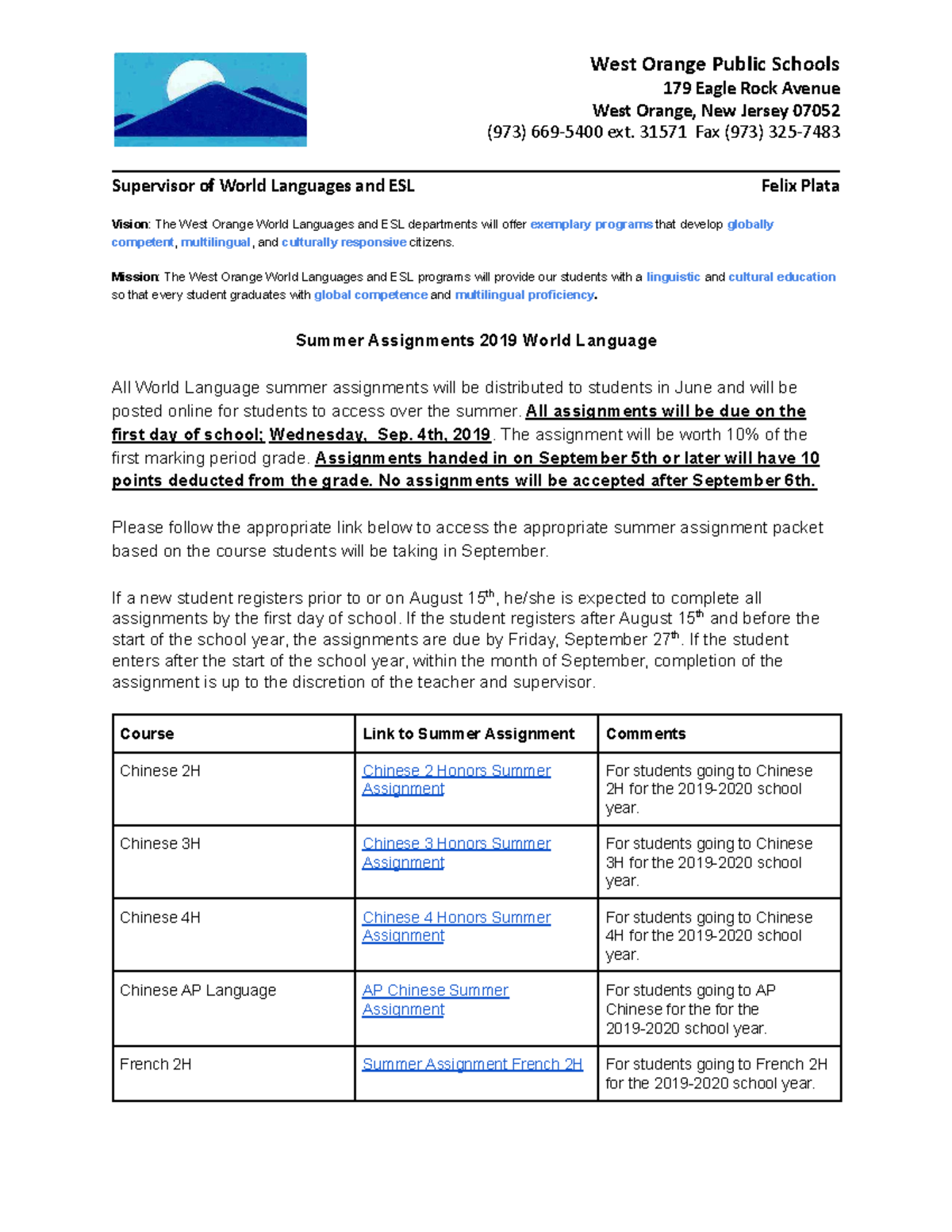 wphs summer assignments