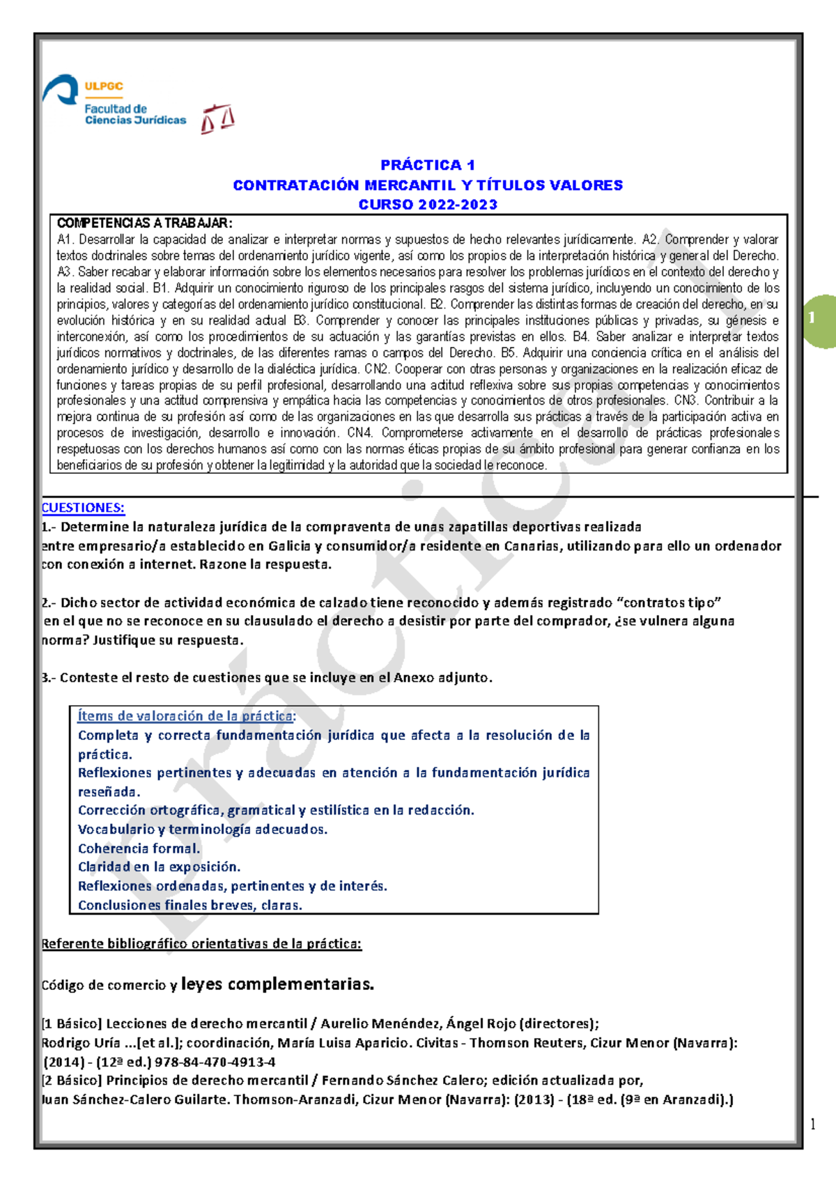 Práctica 1 Curso 22-23 - 1 1 PR¡CTICA 1 CONTRATACI”N MERCANTIL Y ...