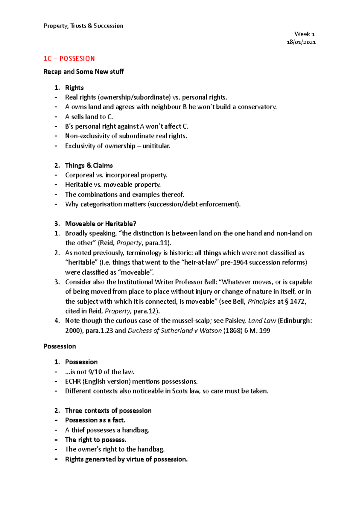 1C Possesion - Lecture notes 1 - Property, Trusts & Succession Week 1 ...