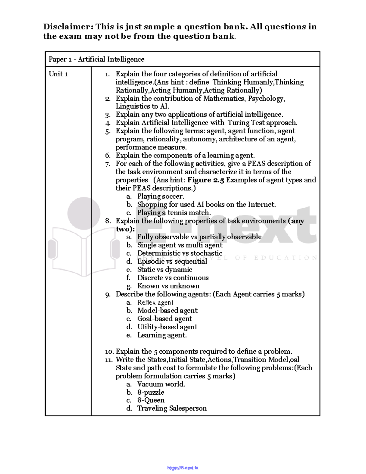 AI IMP QB (E-next - Disclaimer: This is just sample a question bank ...