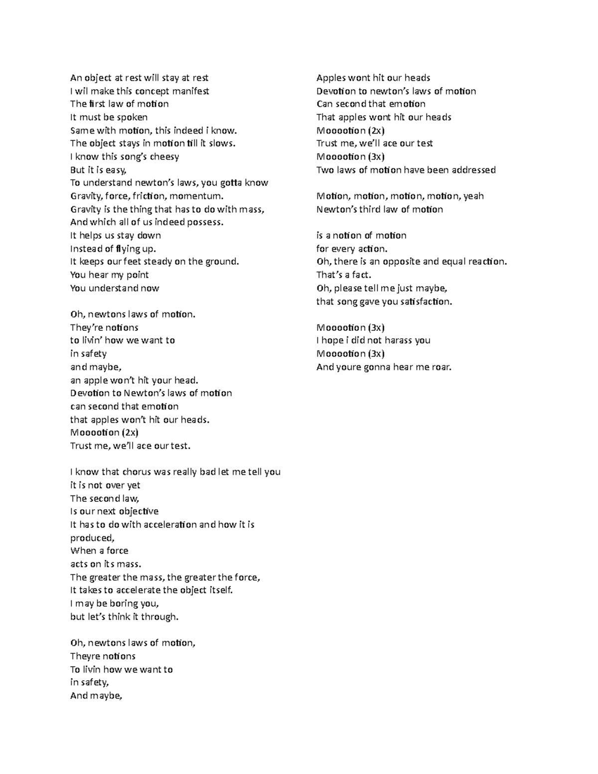 Lyrics about Newtons Laws - An object at rest will stay at rest I wil ...