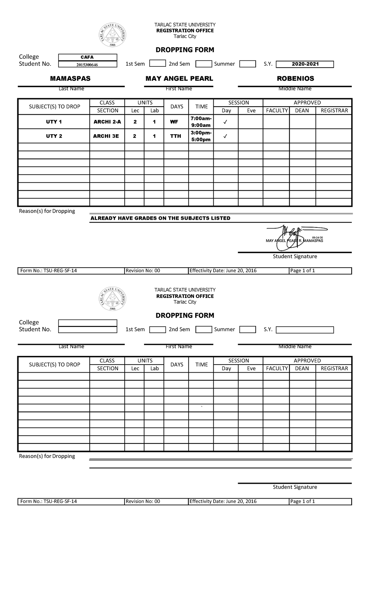 Dropping FORM Mamaspasmay Angel Pearl 2015 300646 - College TARLAC ...