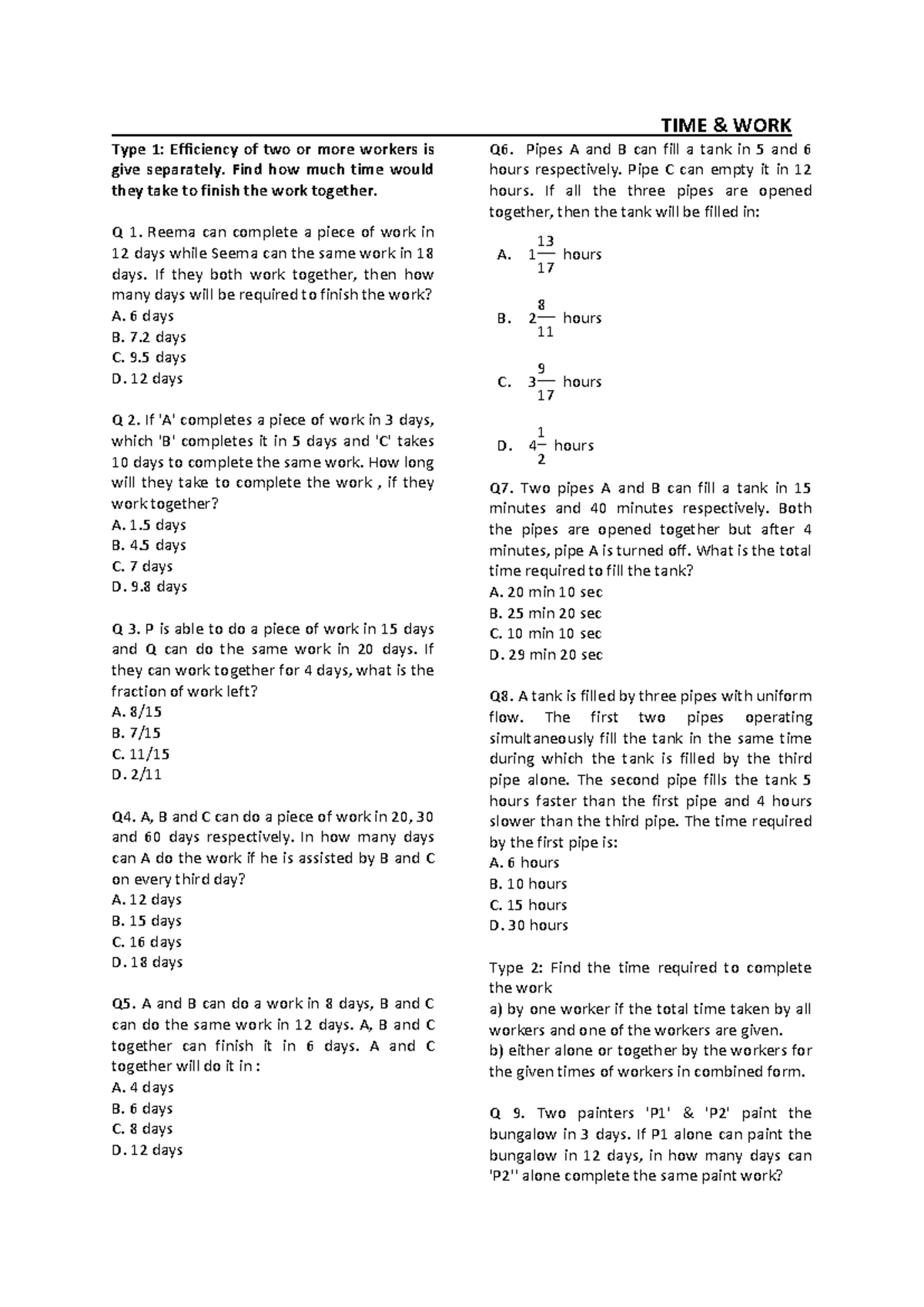 5.2 Time and Work Practise Sheet - TIME & WORK Type 1: Efficiency of ...