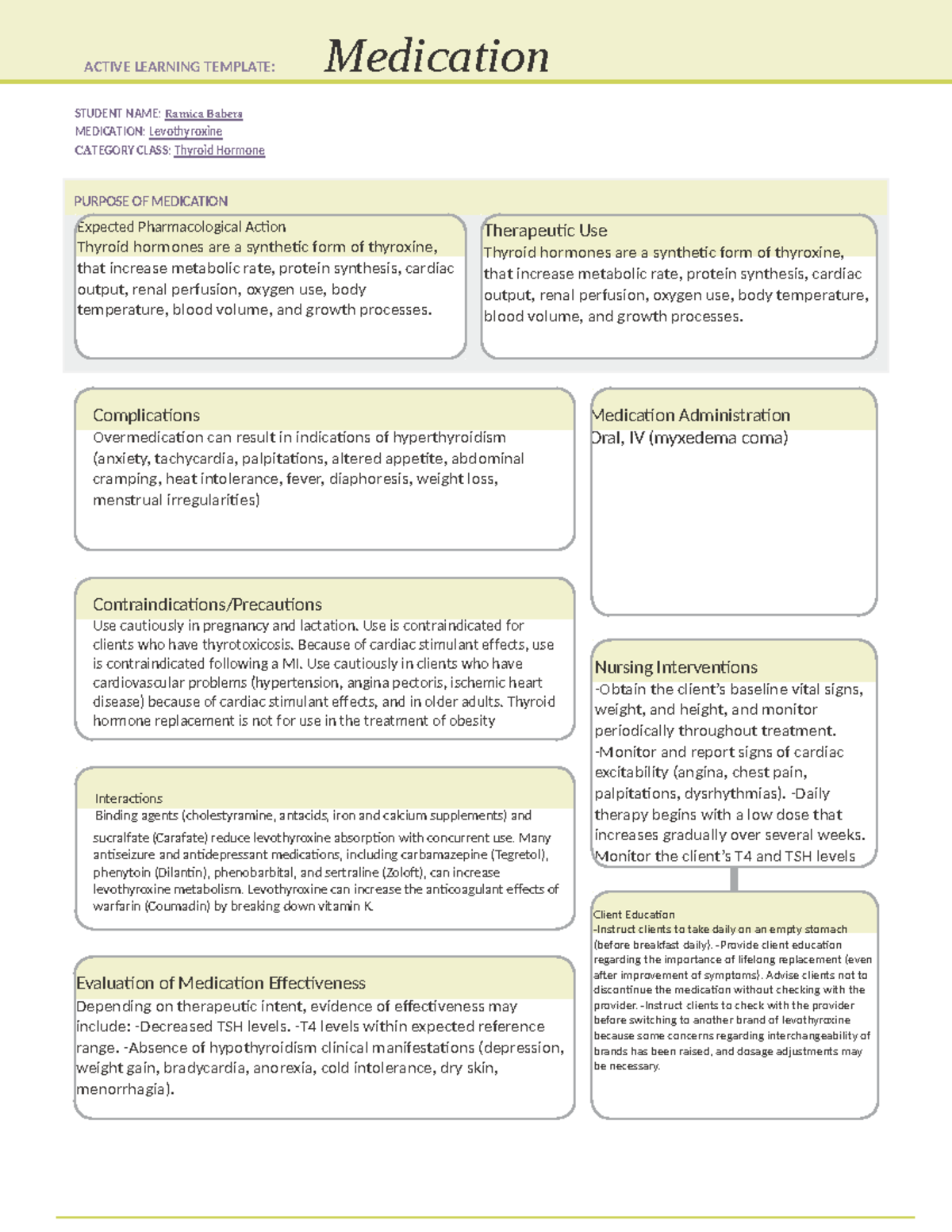 Levothyroxine template - STUDENT NAME: Ramica Babers MEDICATION ...