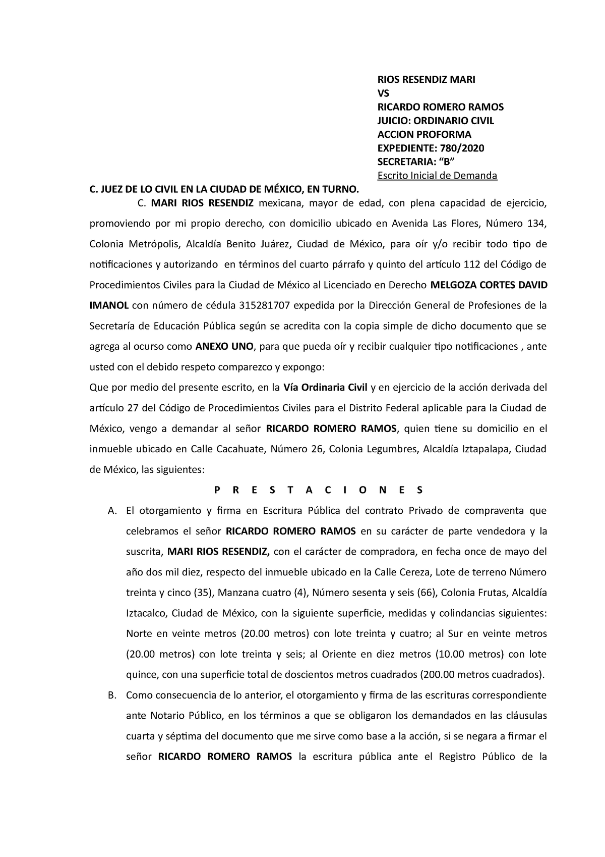 Demanda Proforma P Rios Resendiz Mari Vs Ricardo Romero Ramos Juicio Ordinario Civil Accion 3869