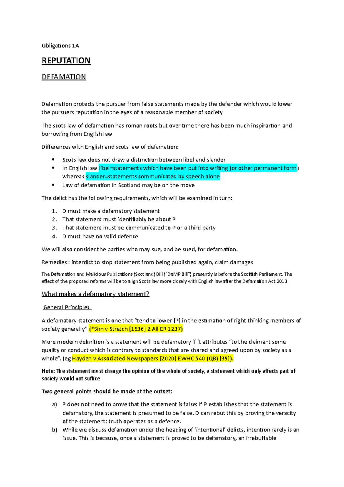 Reputation notes - Obligations 1A REPUTATION DEFAMATION Defamation ...