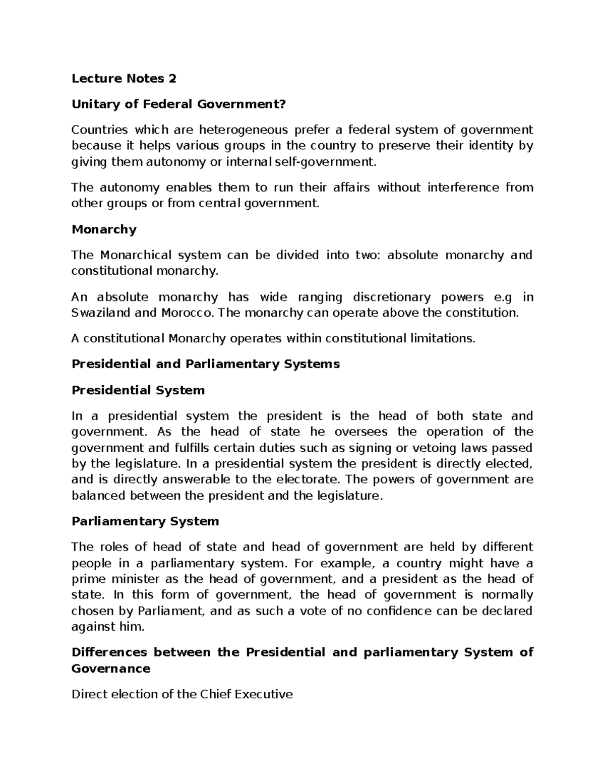 Lecture Notes 2 constitutional law - Lecture Notes 2 Unitary of Federal ...