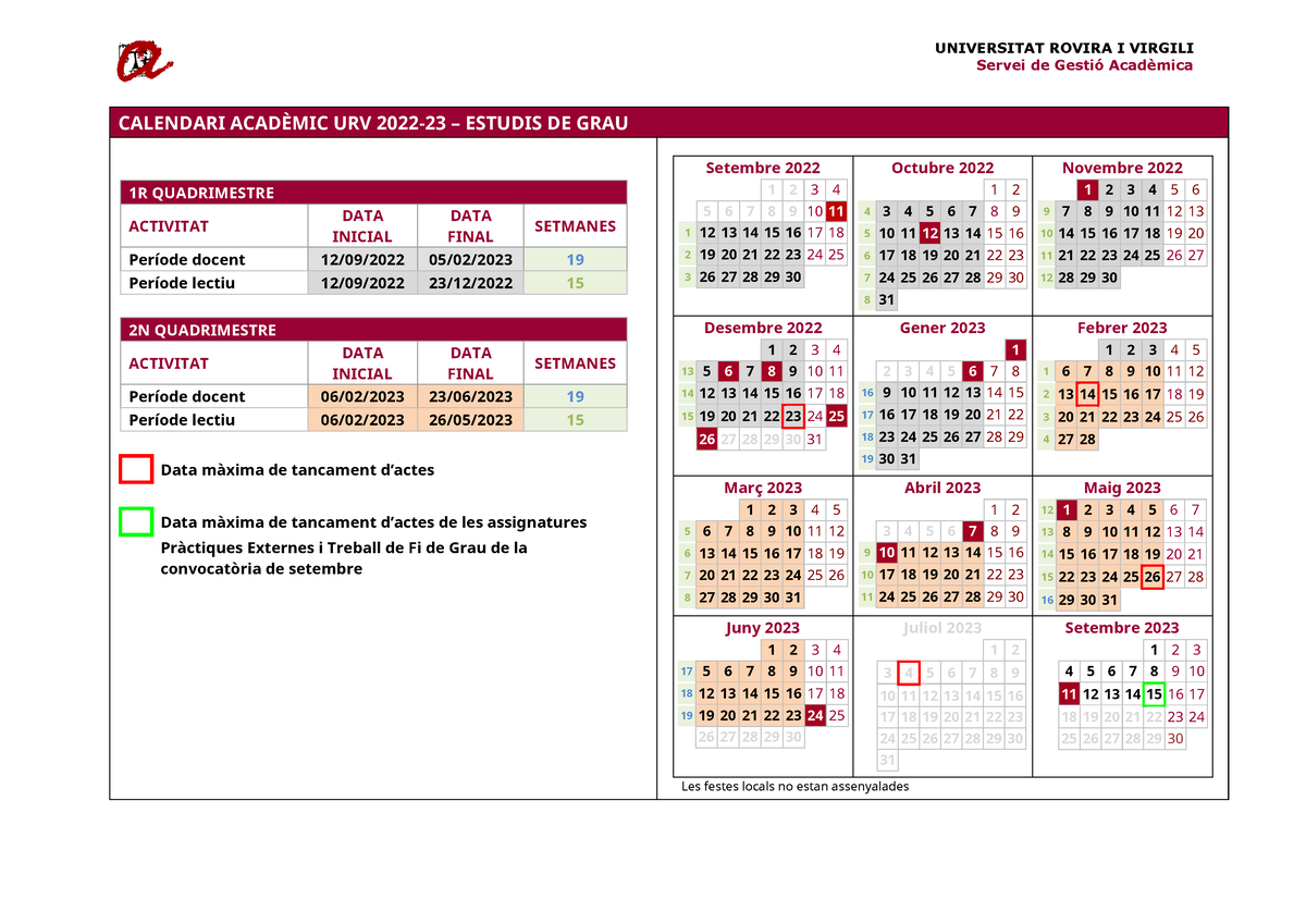 Calendari acadèmic grau 202223 UNIVERSITAT ROVIRA I VIRGILI Servei