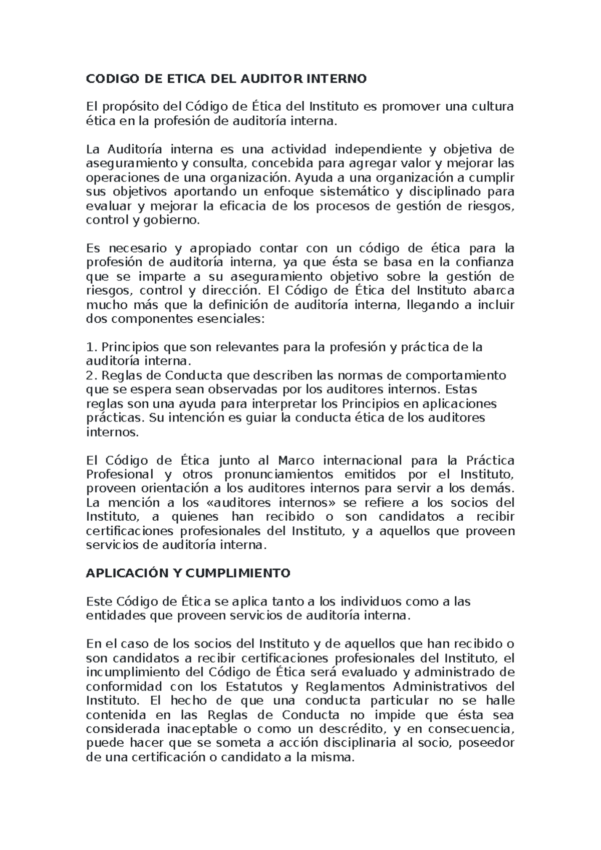 Codigo DE Etica DEL Auditor Interno- Principios - CODIGO DE ETICA DEL ...