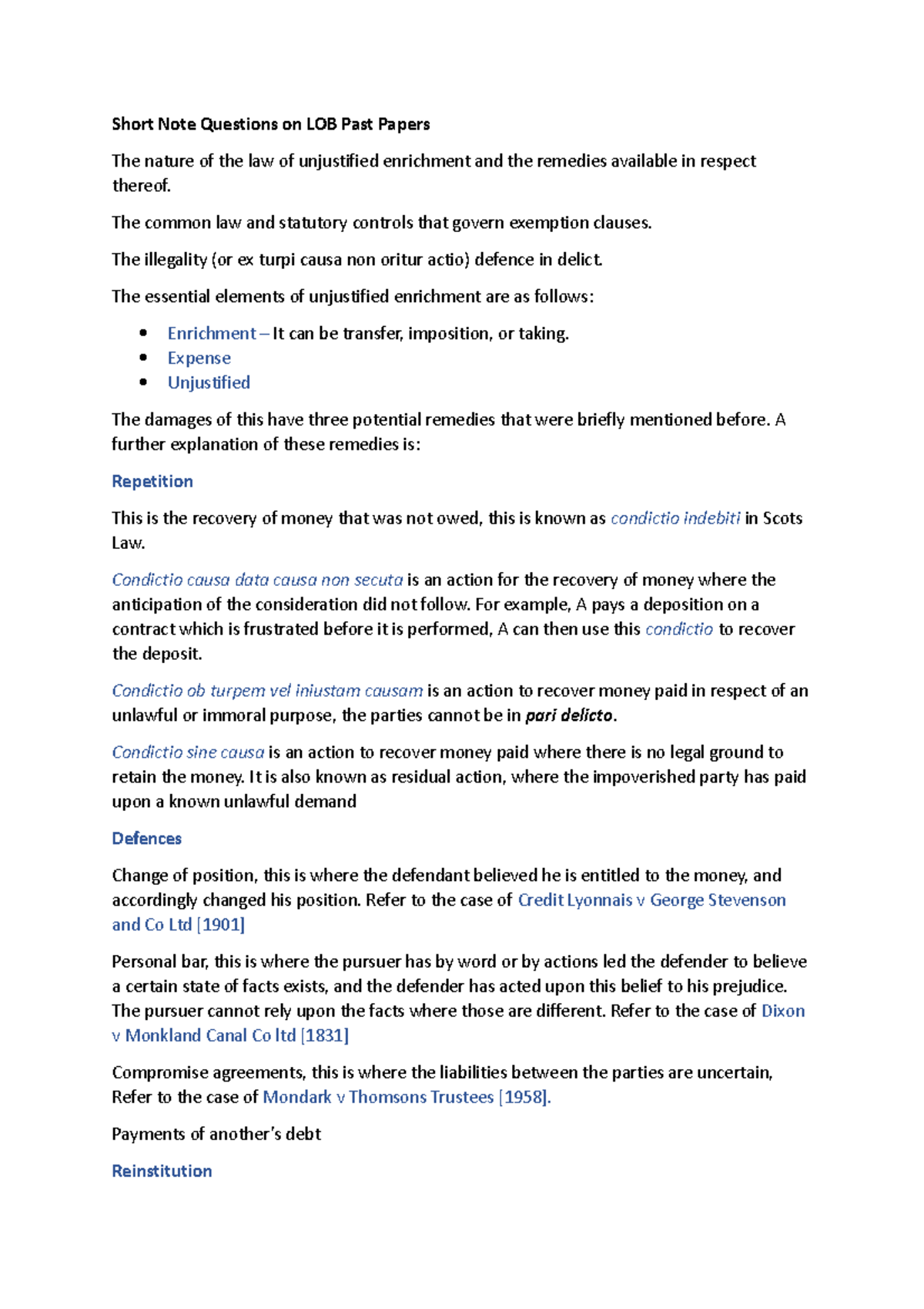 Short Note Questions on LOB Past Papers - The common law and statutory ...
