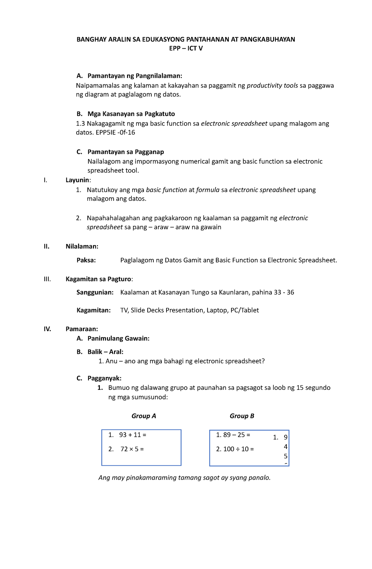 EPP 5 COT 1 - LP In EPP - BANGHAY ARALIN SA EDUKASYONG PANTAHANAN AT ...