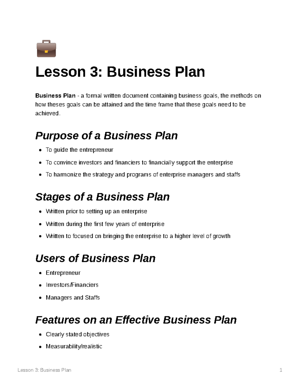 parts of a business plan lesson plan