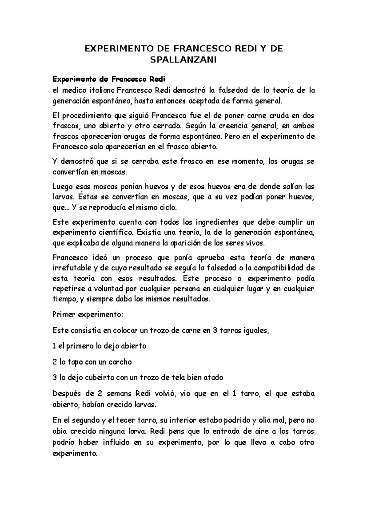 Experimento de Francesco Redi y de Spallanzani - EXPERIMENTO DE ...