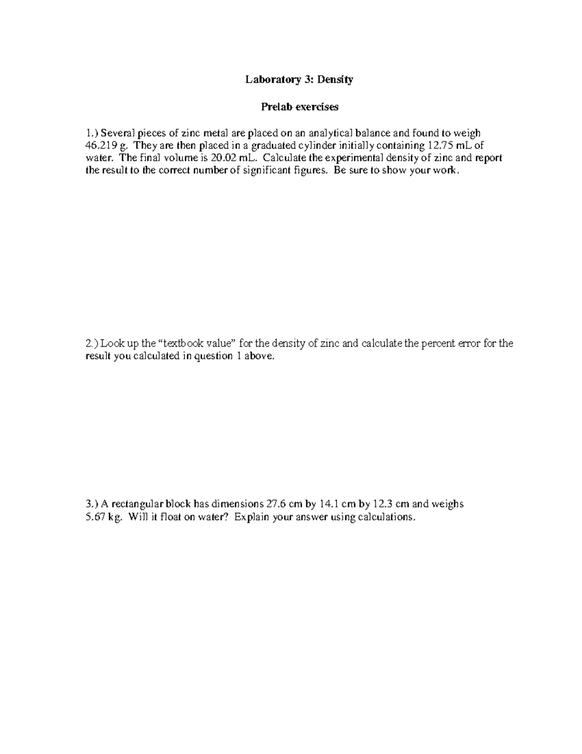 Lab 03 Density Prelab - Laboratory 3: Density Prelab exercises 1 ...