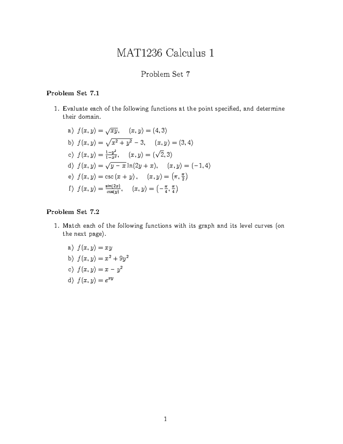 Problem Set 7 - Functions Of 2 Variables - MAT1236 Calculus 1 Problem ...