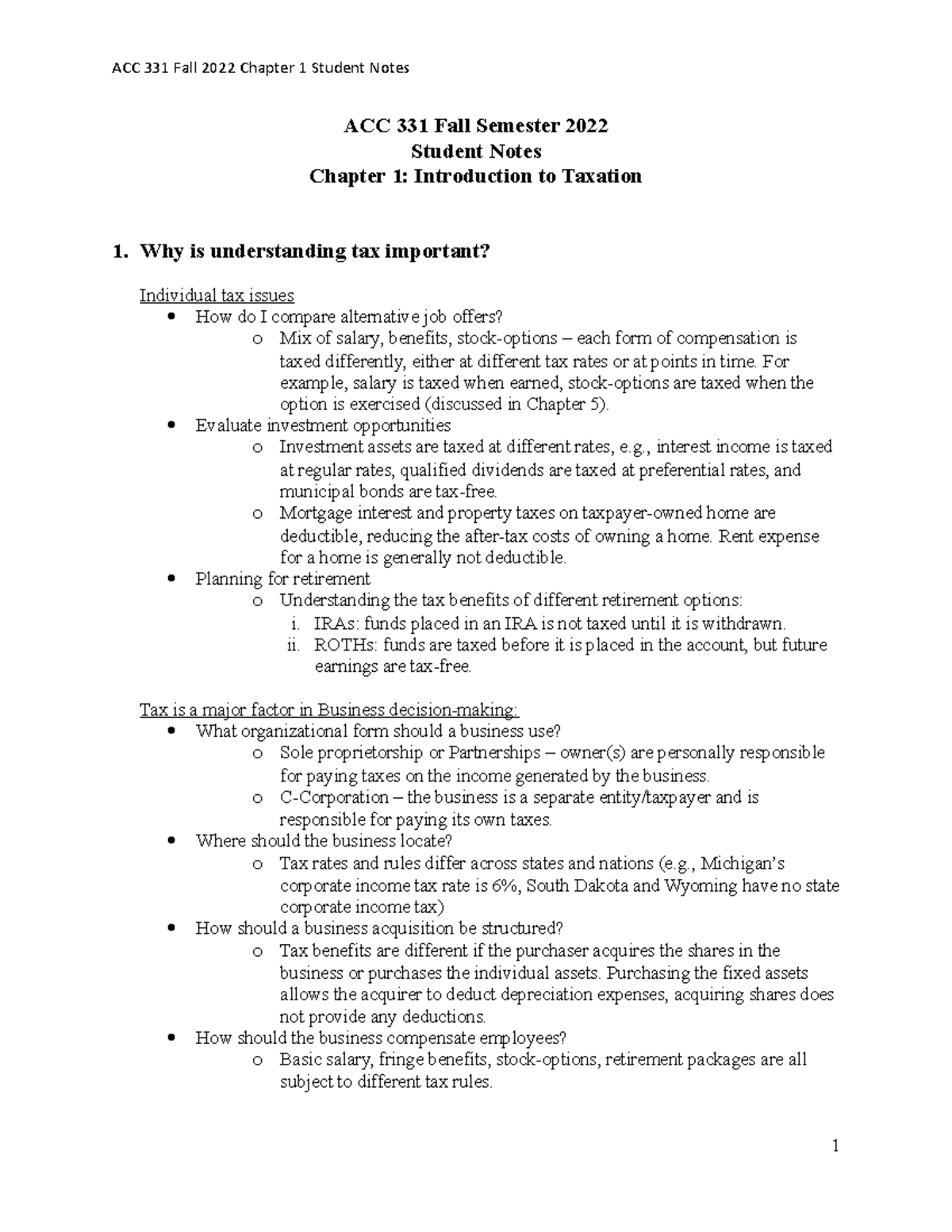 Chapter 1 Lecture Notes - ACC 331 Fall Semester 2022 Student Notes ...