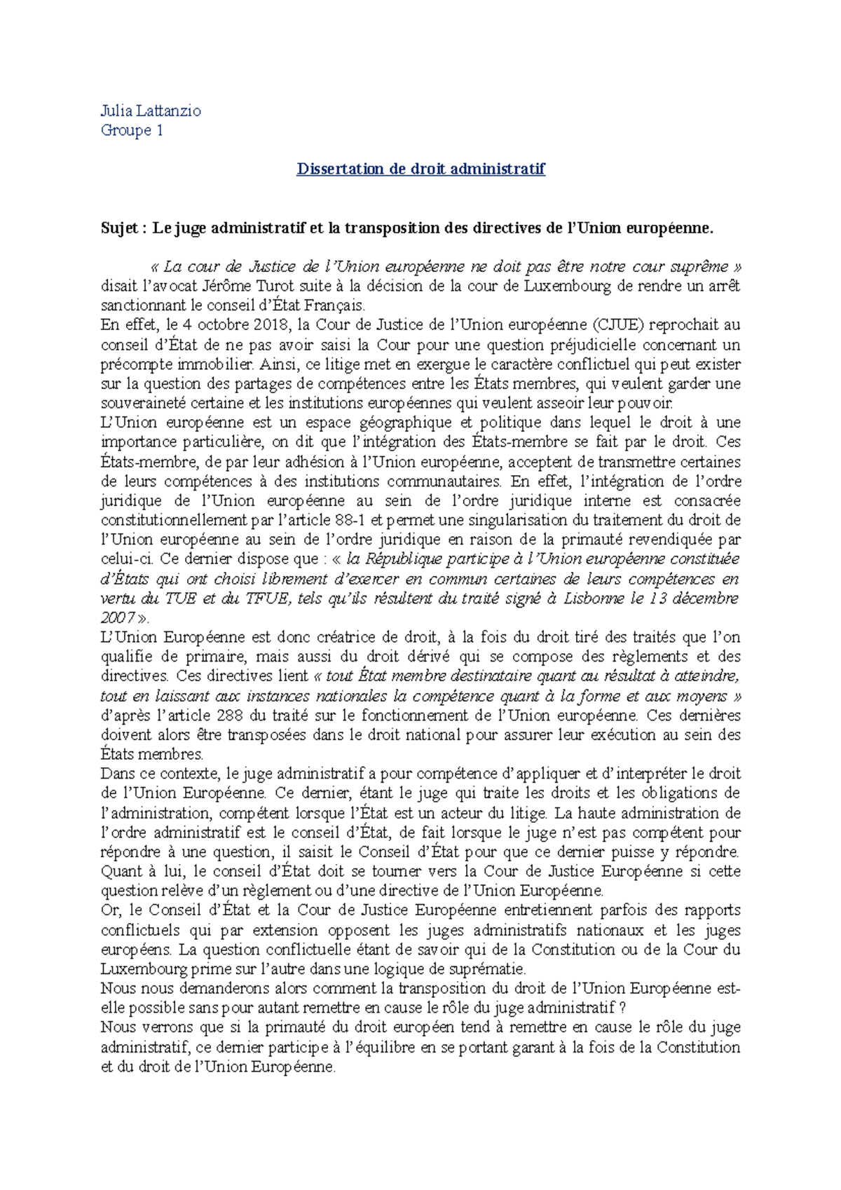 Le Juge Administratif Et Le Droit De L union Européenne Dissertation Dissertation droit - la transposition des directives européennes - Julia  Lattanzio Groupe 1 - Studocu