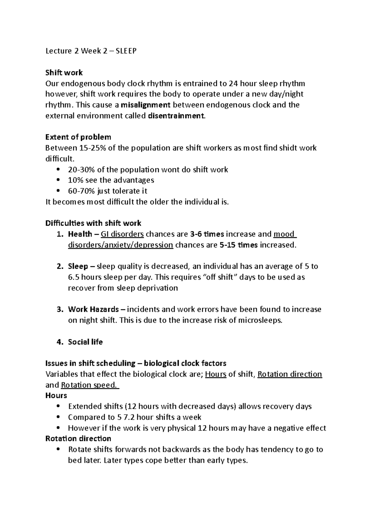 Lecture 2 Week 2 – Sleep - Lecture 2 Week 2 – SLEEP Shift work Our ...