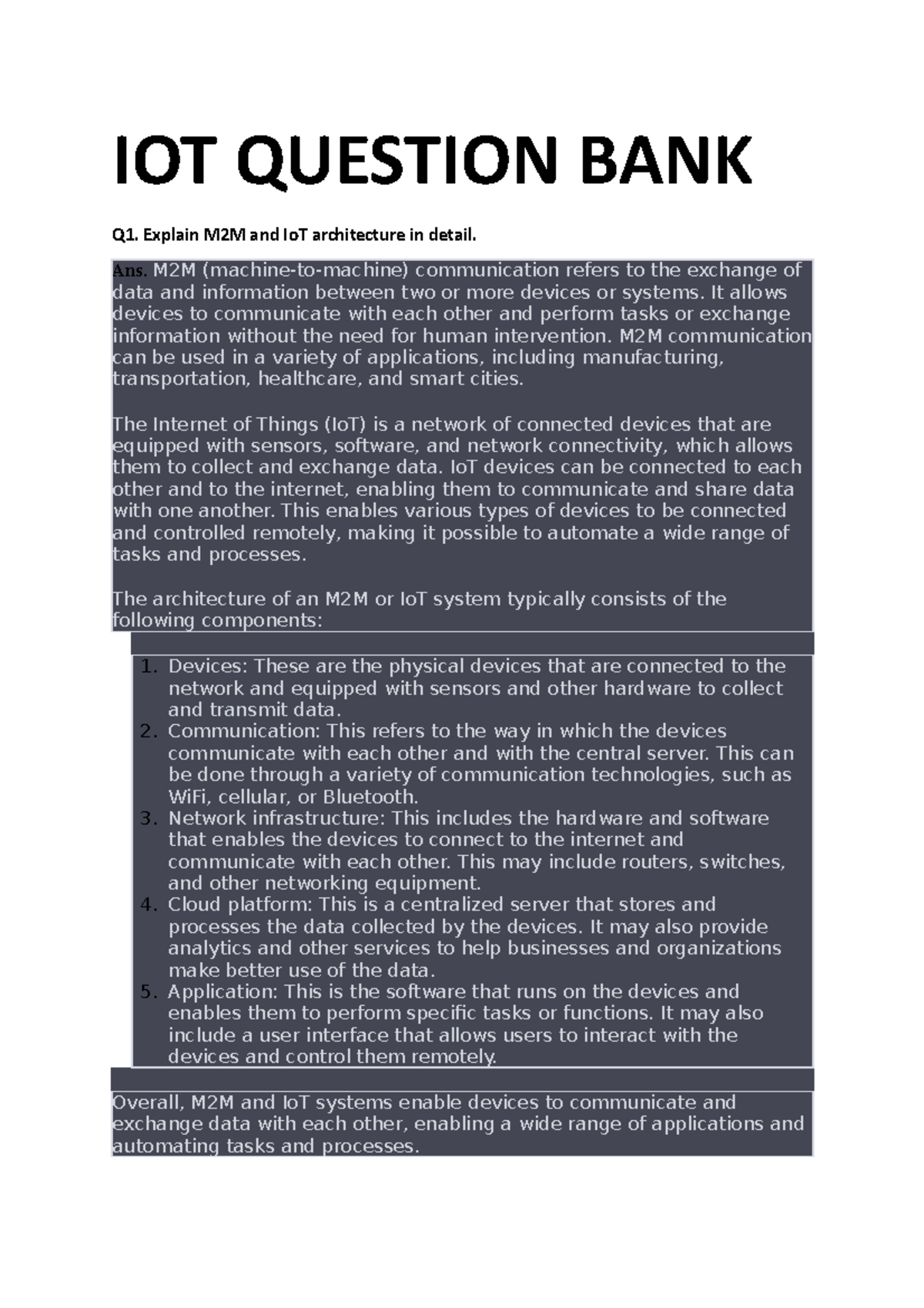 Io T Questions - IOT QUESTION BANK Q1. Explain M2M And IoT Architecture ...
